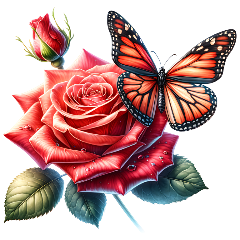 Orange Butterfly On Red Rose Vinyl Sticker Decal