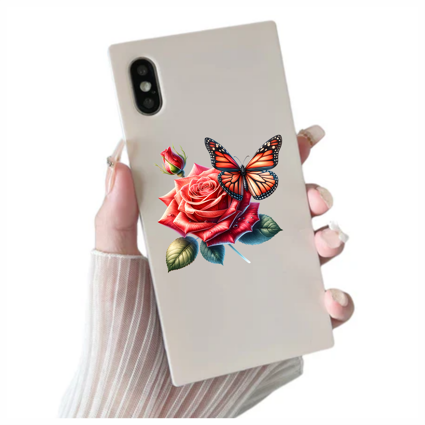 Orange Butterfly On Red Rose Vinyl Sticker Decal