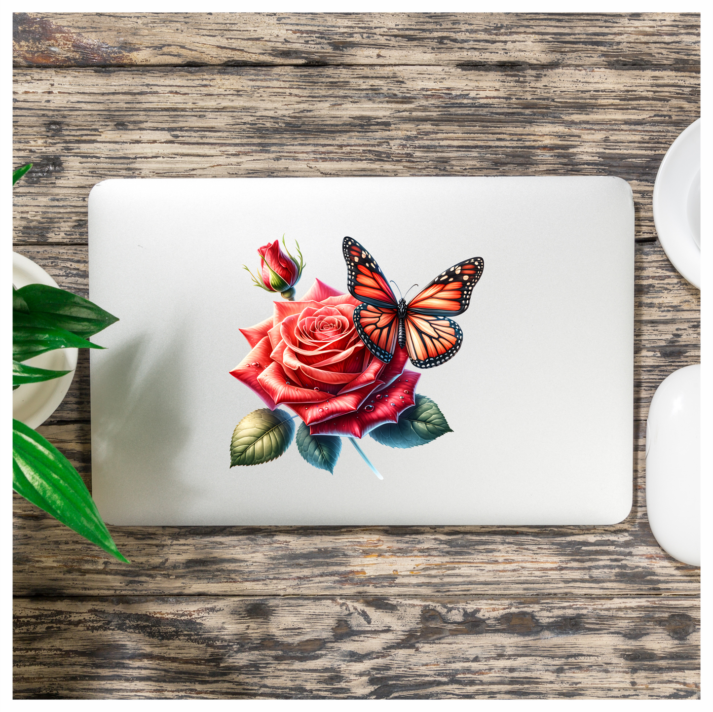 Orange Butterfly On Red Rose Vinyl Sticker Decal