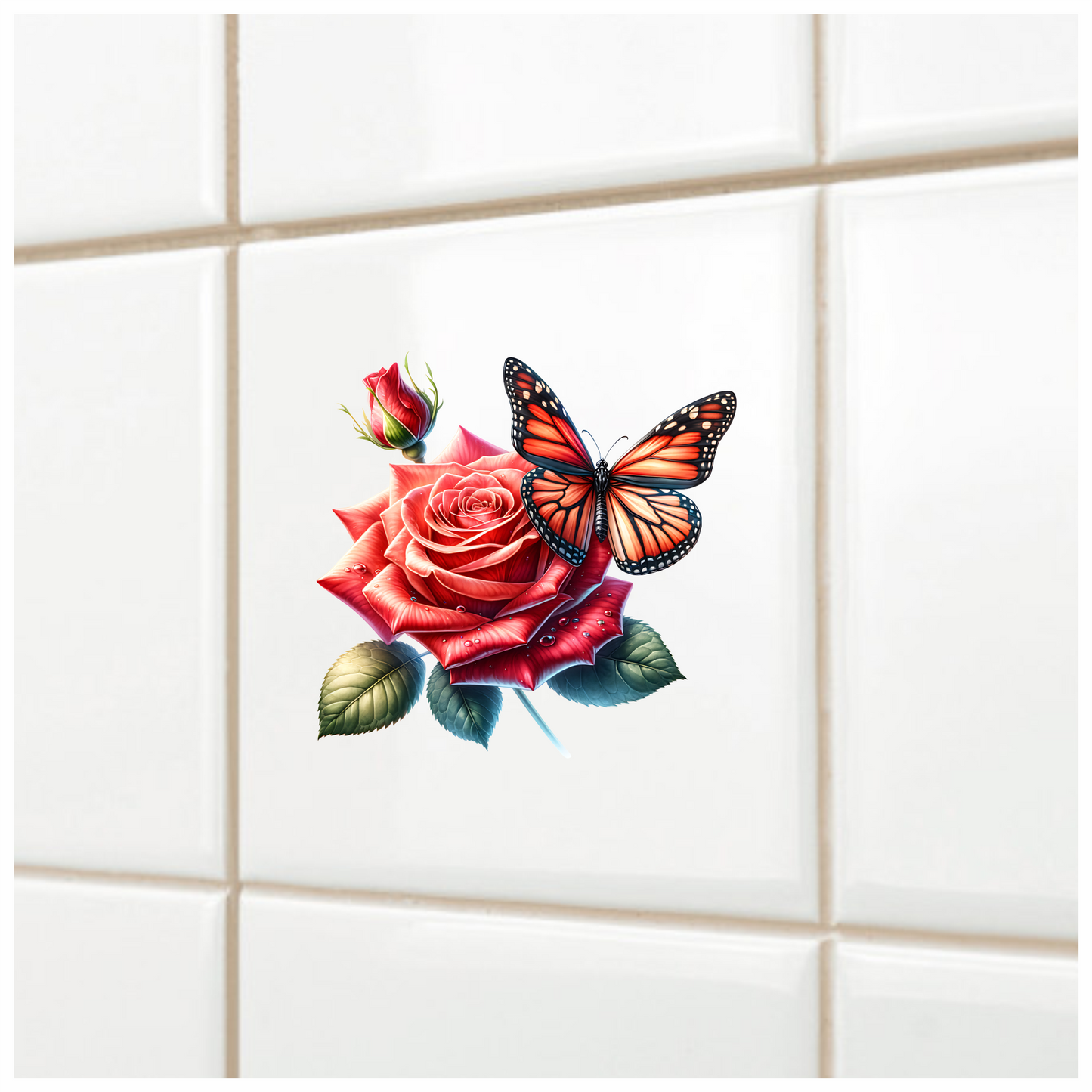 Orange Butterfly On Red Rose Vinyl Sticker Decal