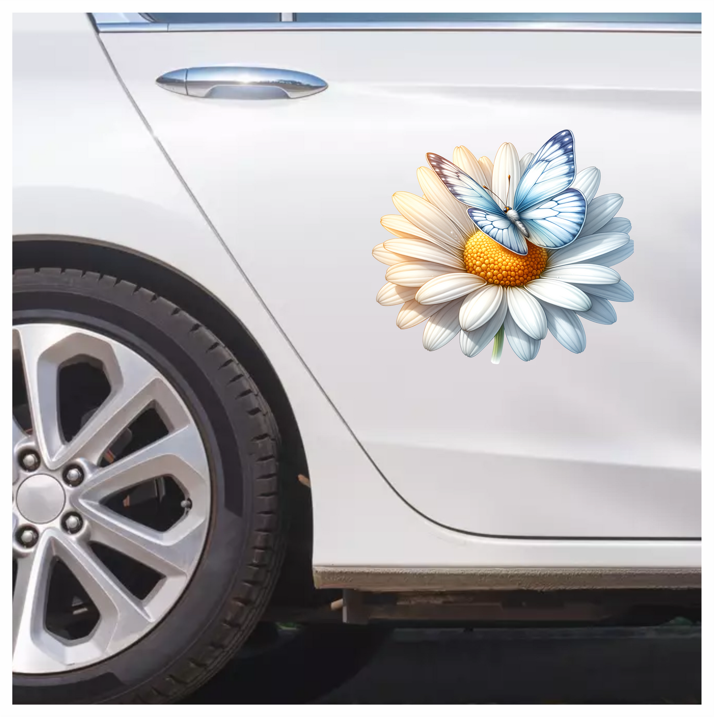 Blue Butterfly On White Daisy Vinyl Sticker Decal