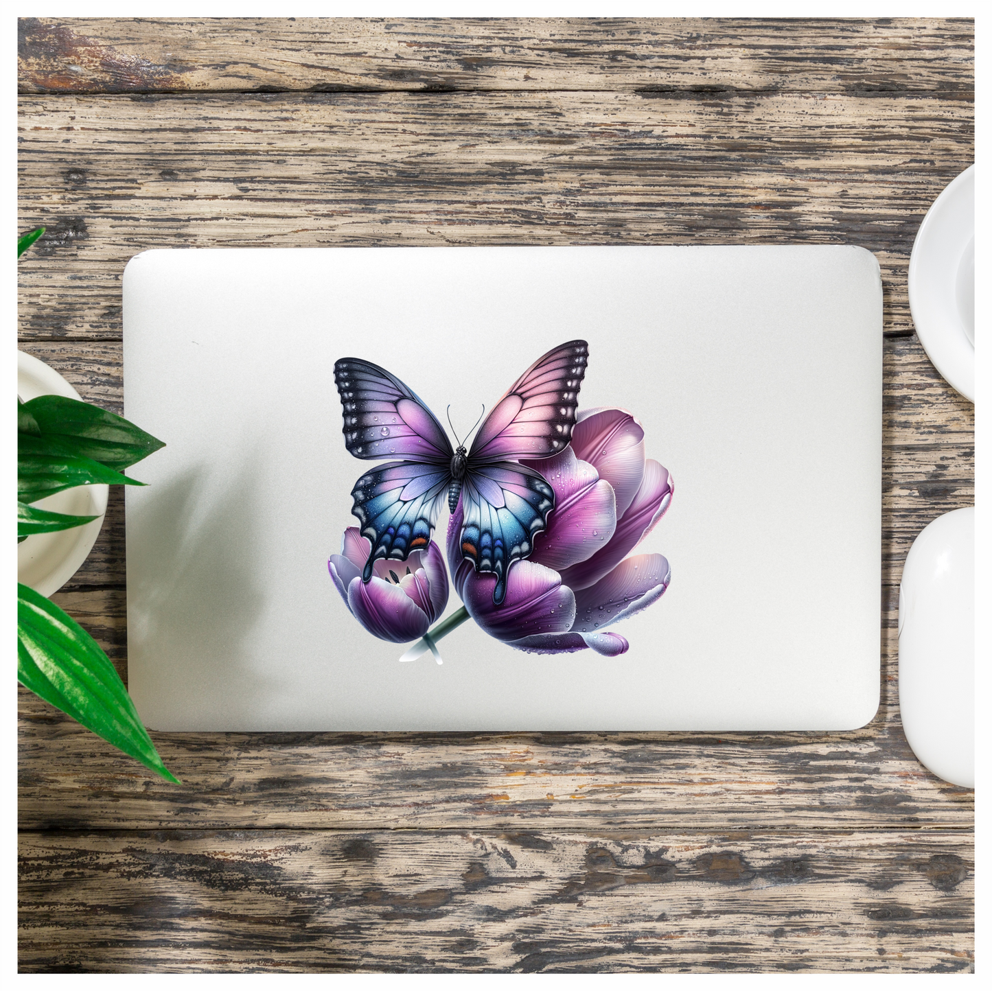 Purple Butterfly On Tulip Flower Vinyl Sticker Decal