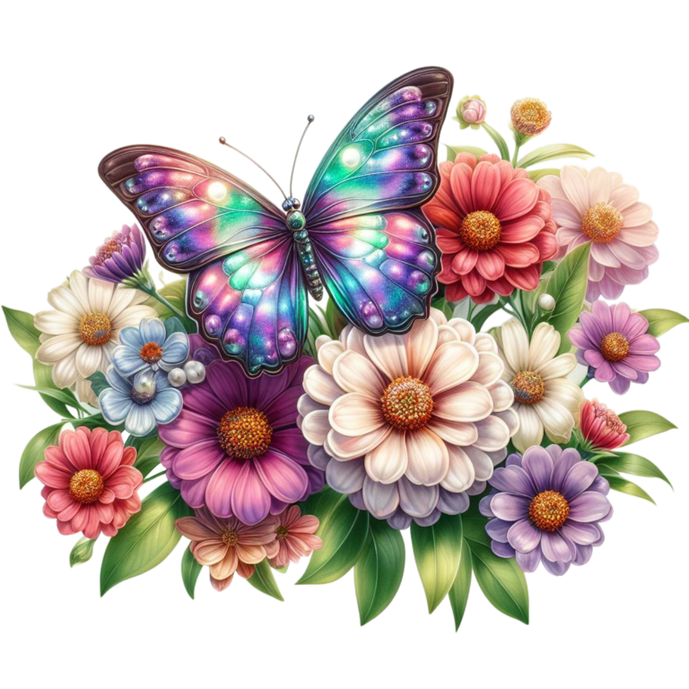 Rainbow Butterfly On Zinnia Flowers Vinyl Sticker Decal