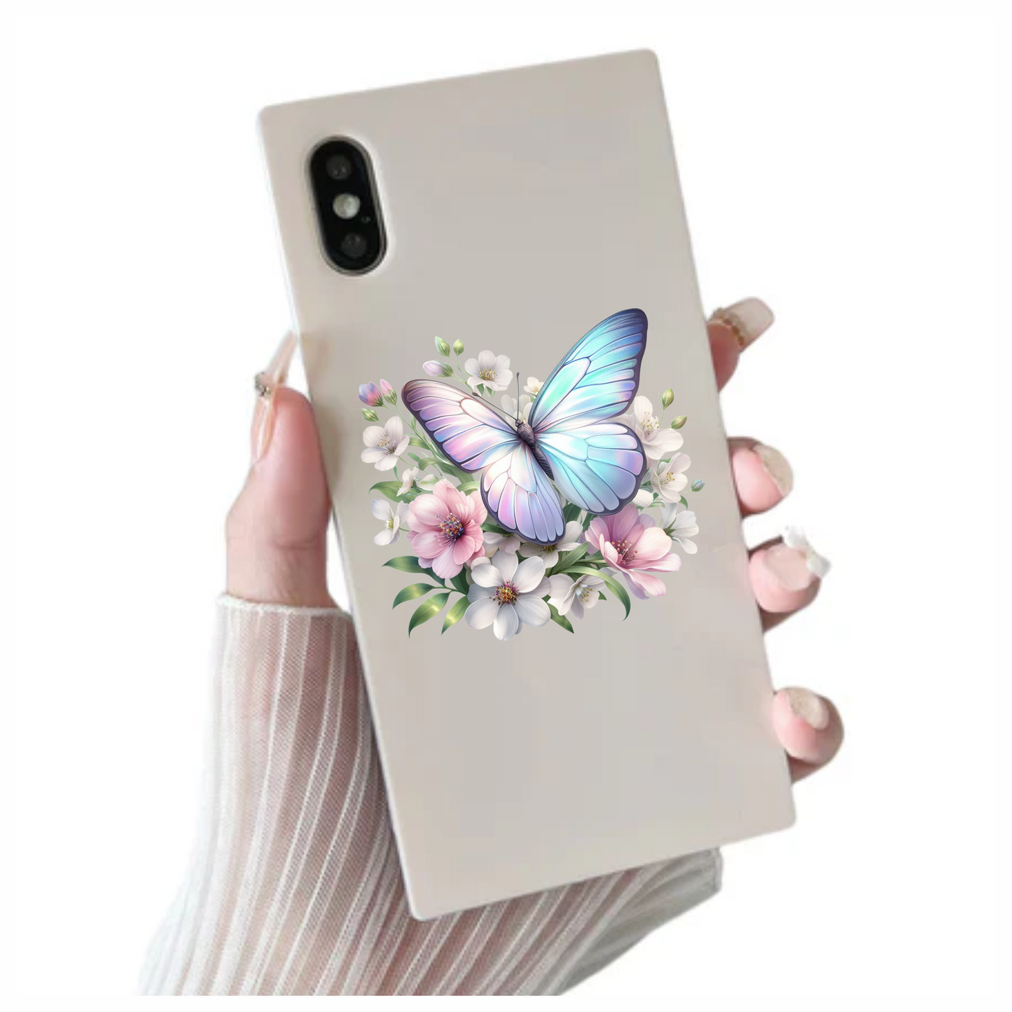 Pastel Butterfly On White Flowers Vinyl Sticker Decal