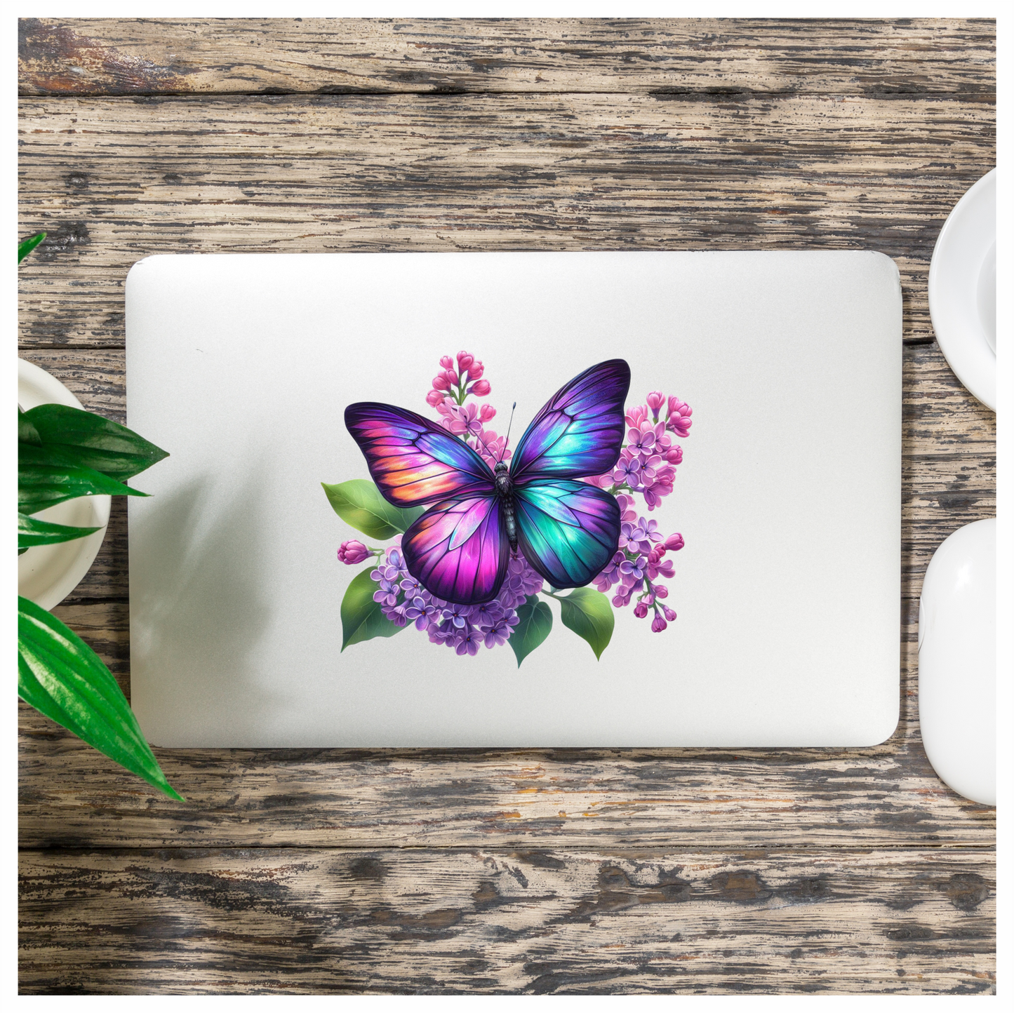 Rainbow Butterfly On Lilac Flowers Vinyl Sticker Decal