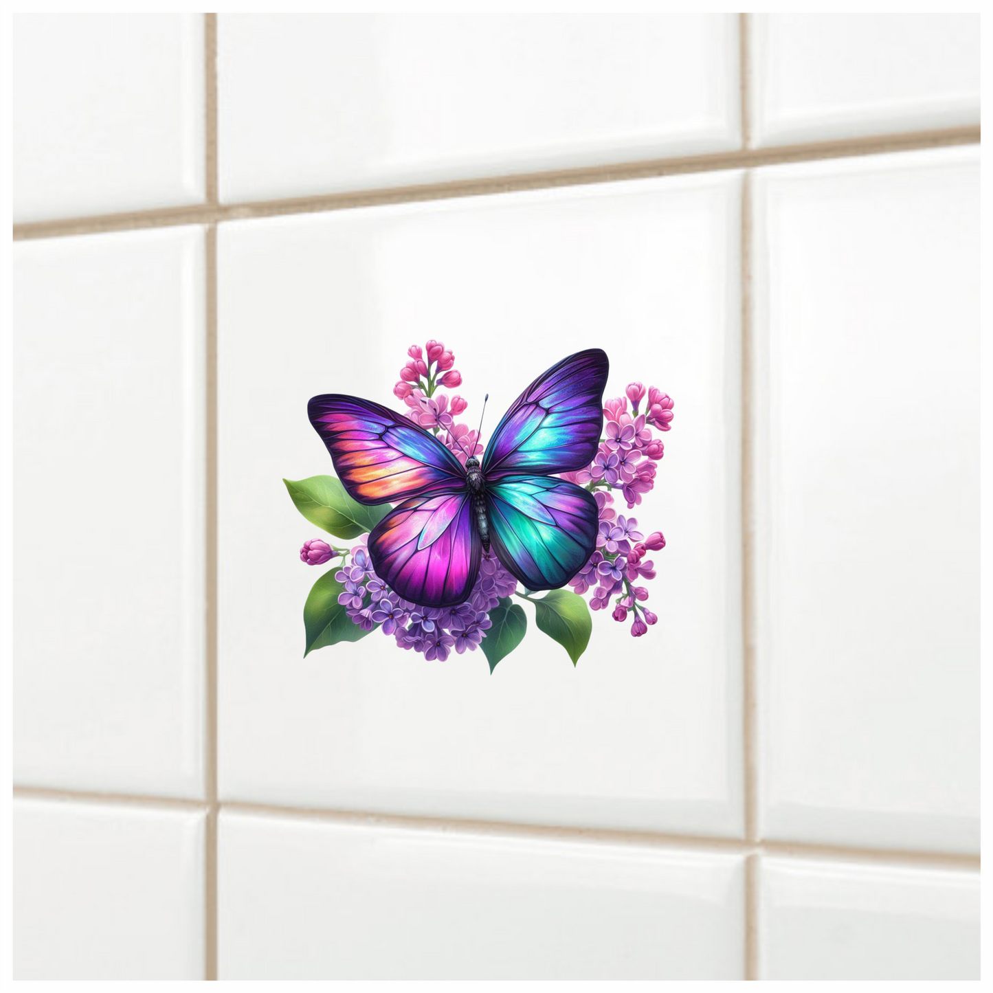 Rainbow Butterfly On Lilac Flowers Vinyl Sticker Decal