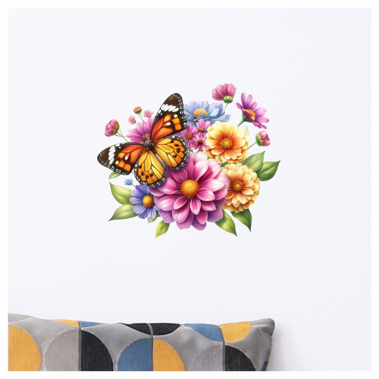 Orange Butterfly On Zinnia Flowers Vinyl Sticker Decal