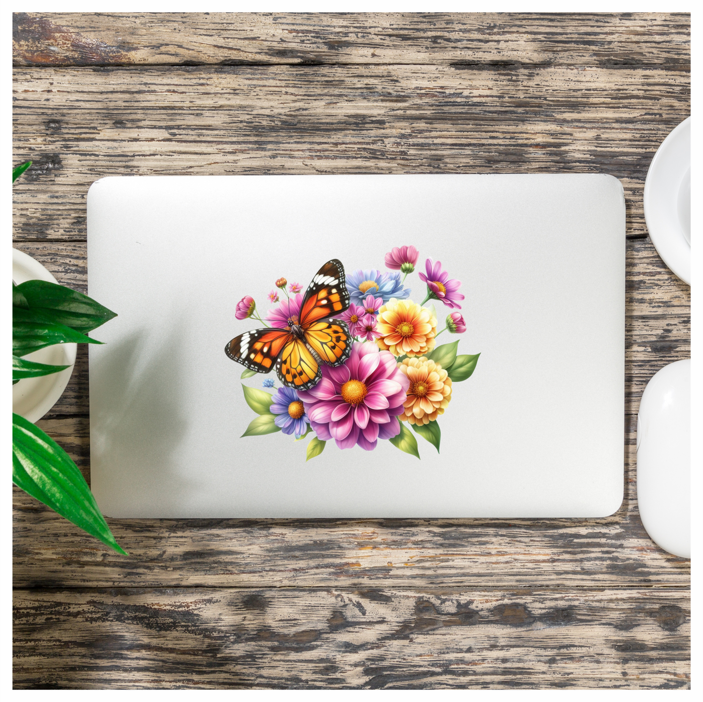 Orange Butterfly On Zinnia Flowers Vinyl Sticker Decal
