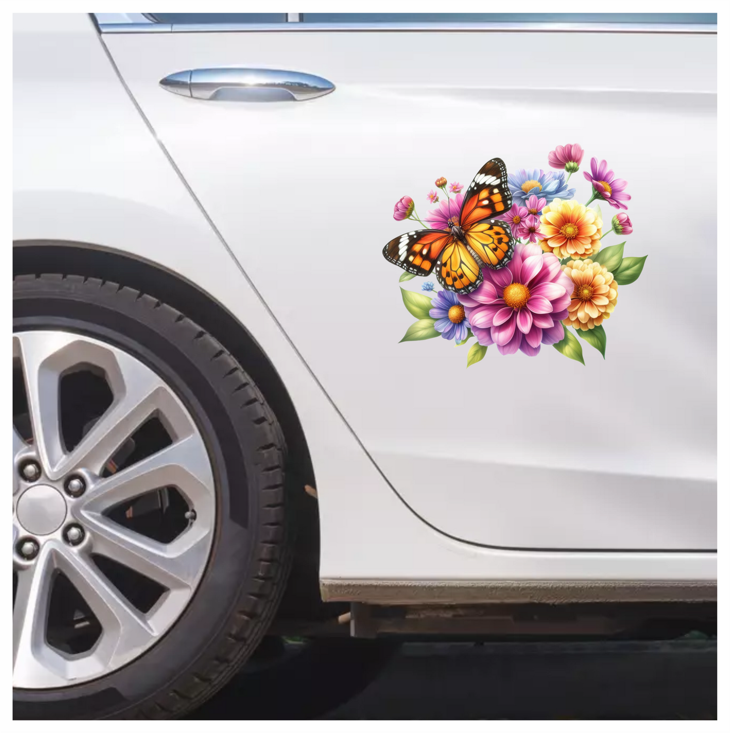 Orange Butterfly On Zinnia Flowers Vinyl Sticker Decal