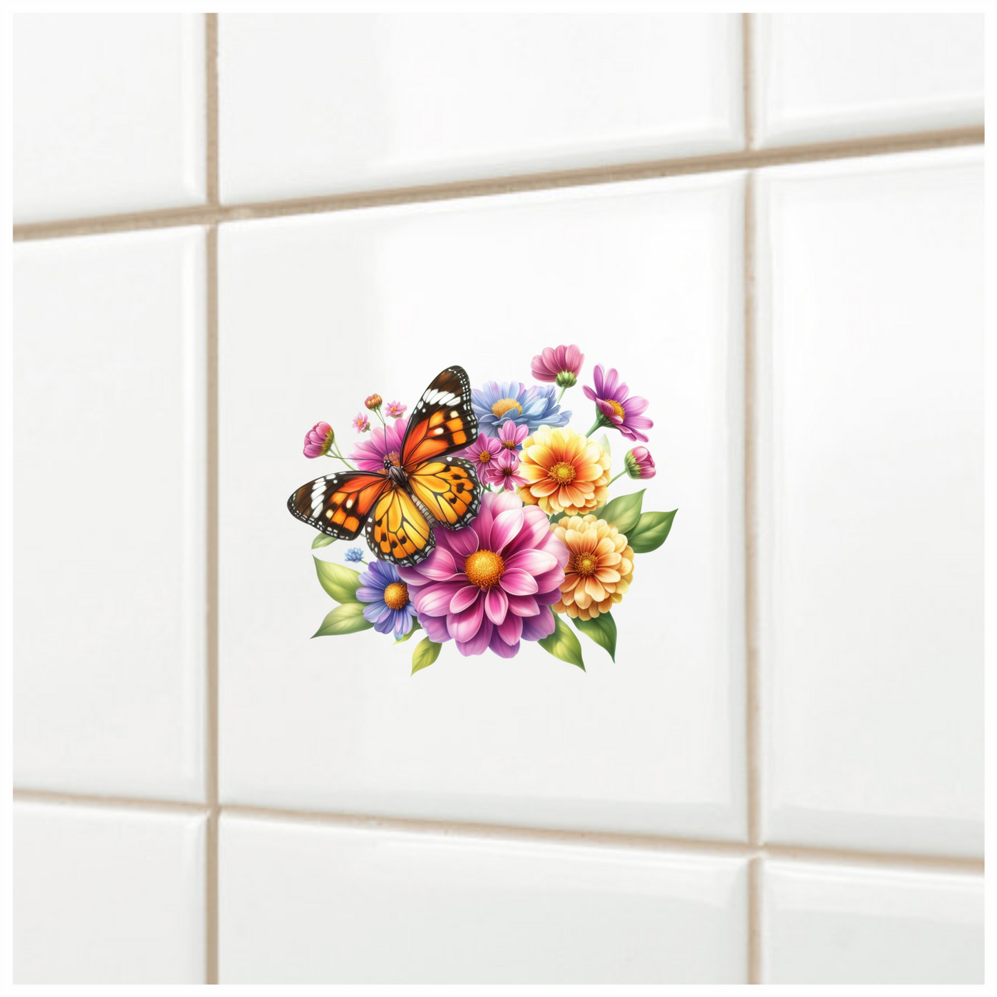 Orange Butterfly On Zinnia Flowers Vinyl Sticker Decal