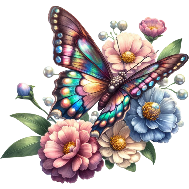 Rainbow Butterfly On Garden Flowers Vinyl Sticker Decal