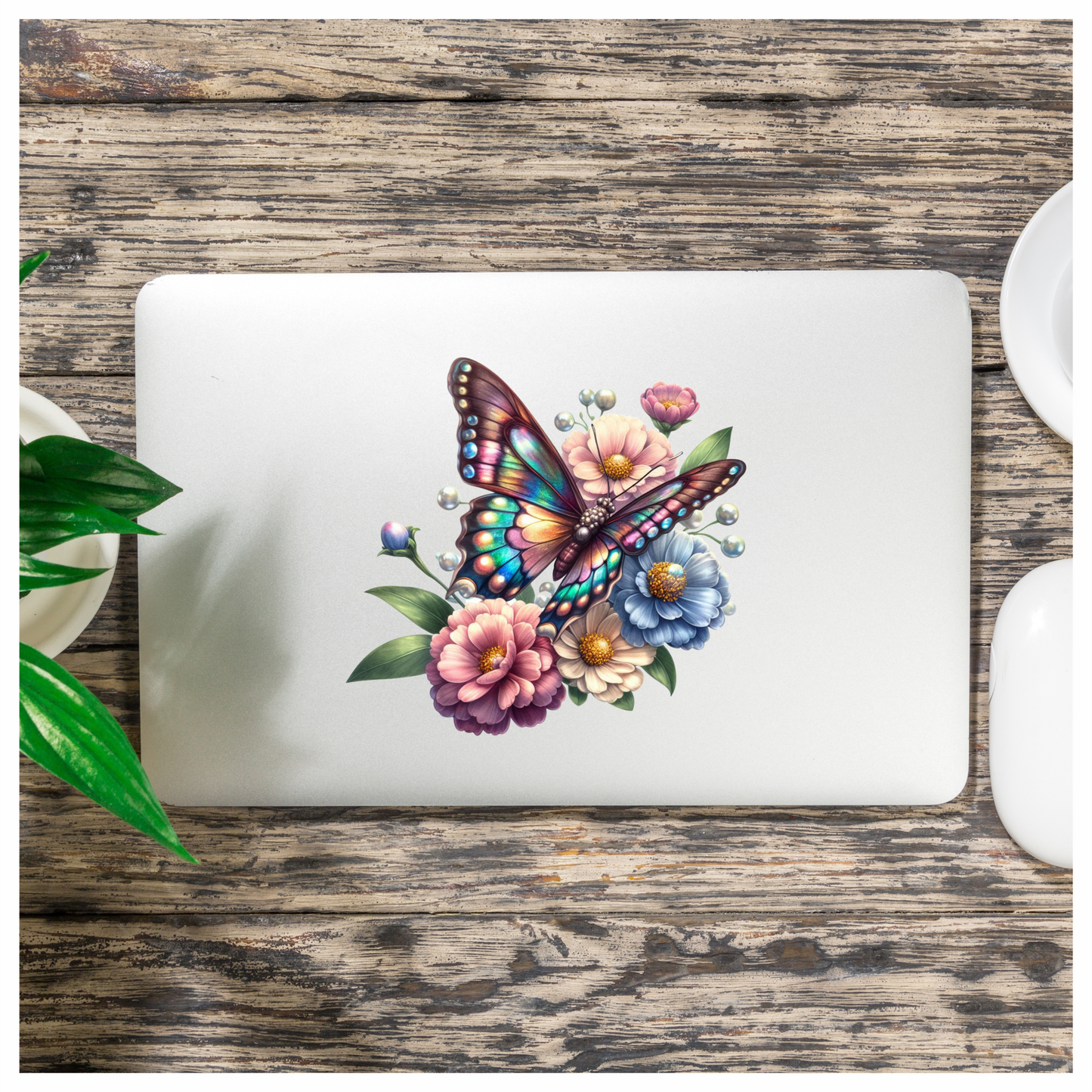 Rainbow Butterfly On Garden Flowers Vinyl Sticker Decal