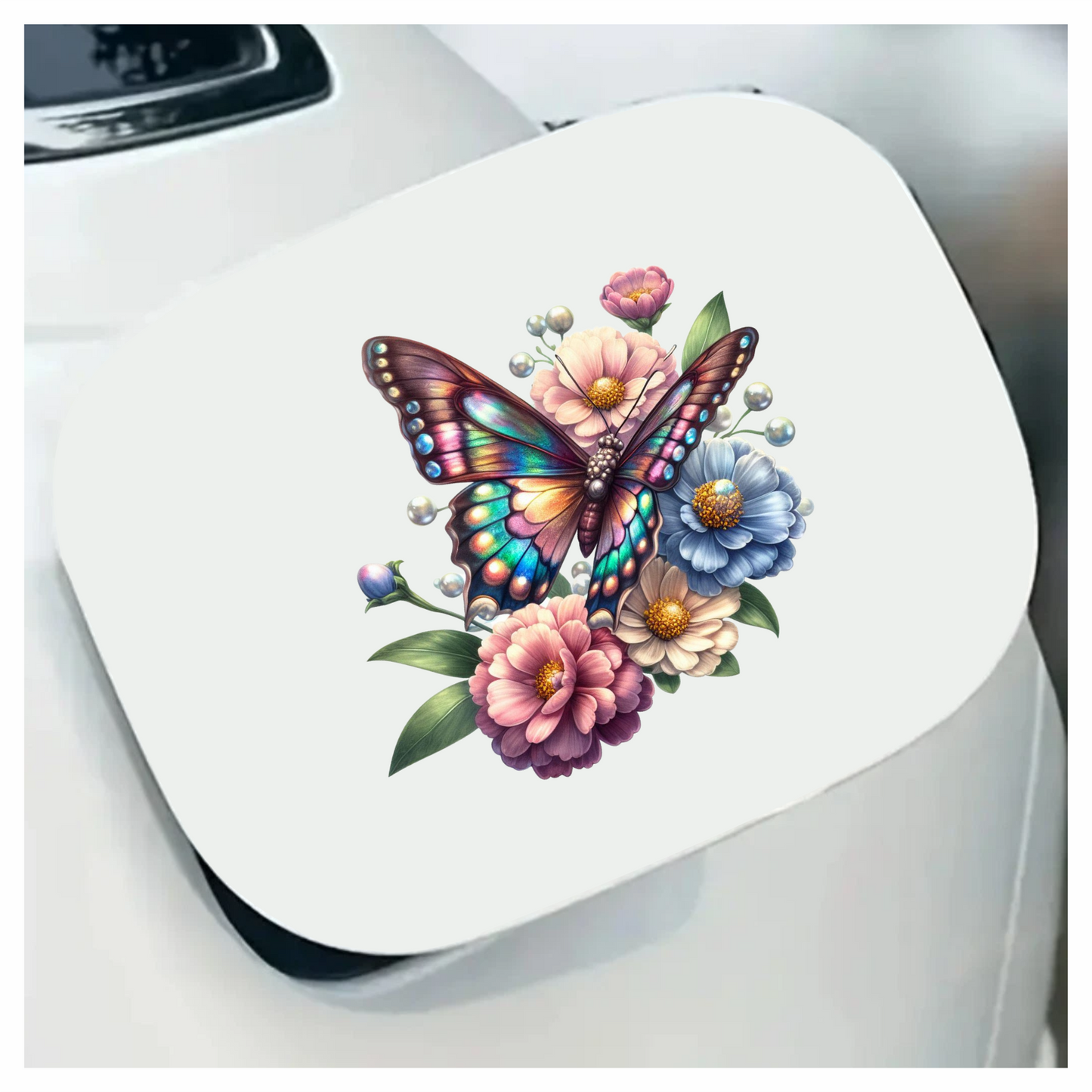 Rainbow Butterfly On Garden Flowers Vinyl Sticker Decal