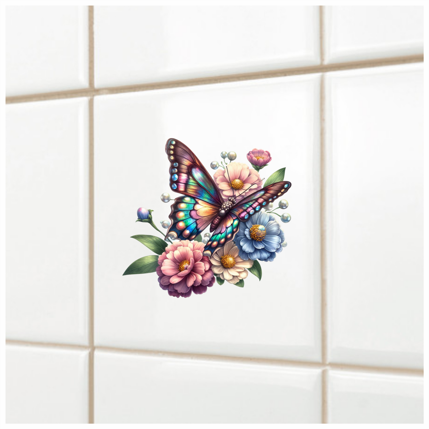 Rainbow Butterfly On Garden Flowers Vinyl Sticker Decal