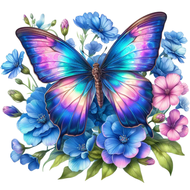 Rainbow Butterfly On Blue Flowers Vinyl Sticker Decal