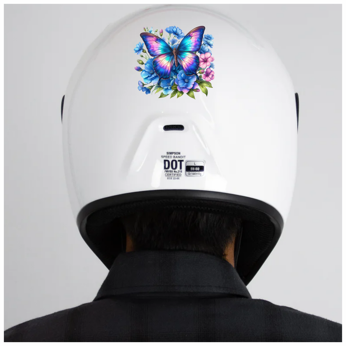 Rainbow Butterfly On Blue Flowers Vinyl Sticker Decal