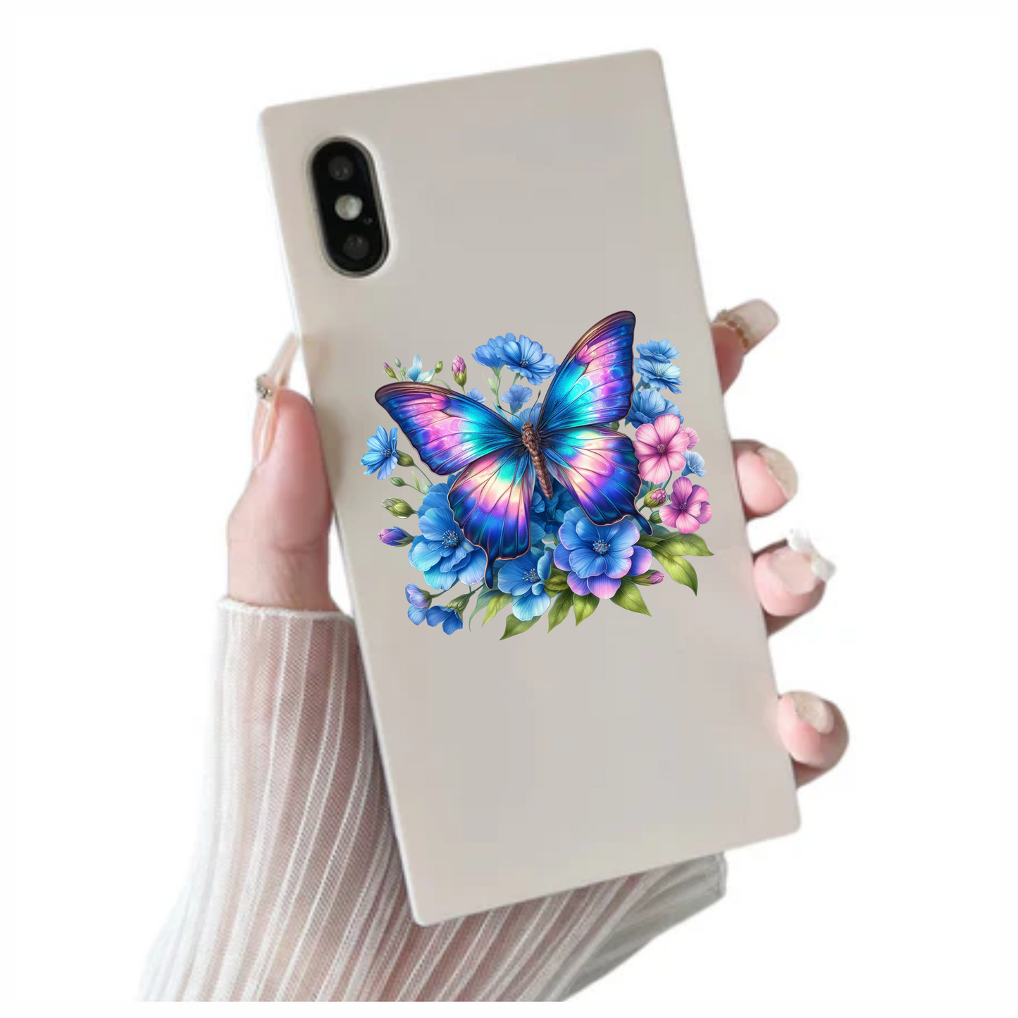 Rainbow Butterfly On Blue Flowers Vinyl Sticker Decal