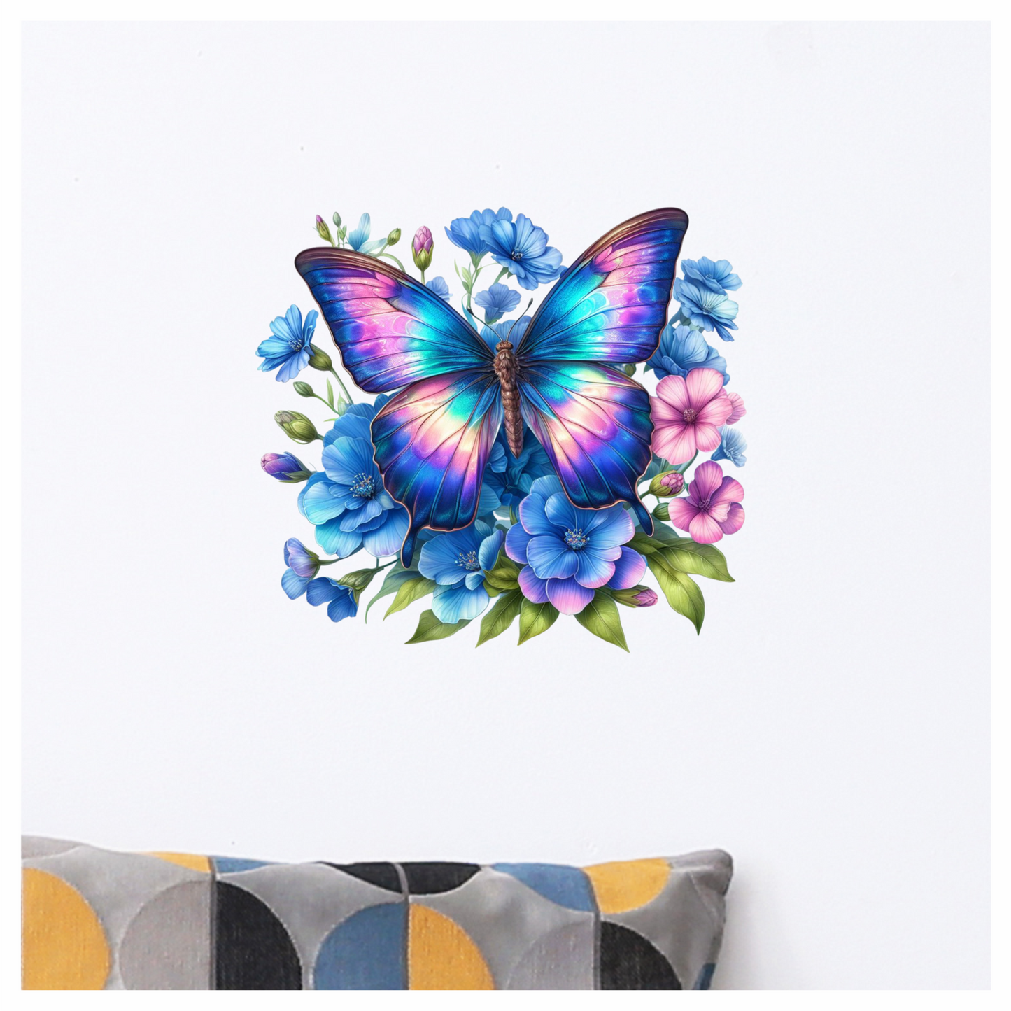 Rainbow Butterfly On Blue Flowers Vinyl Sticker Decal