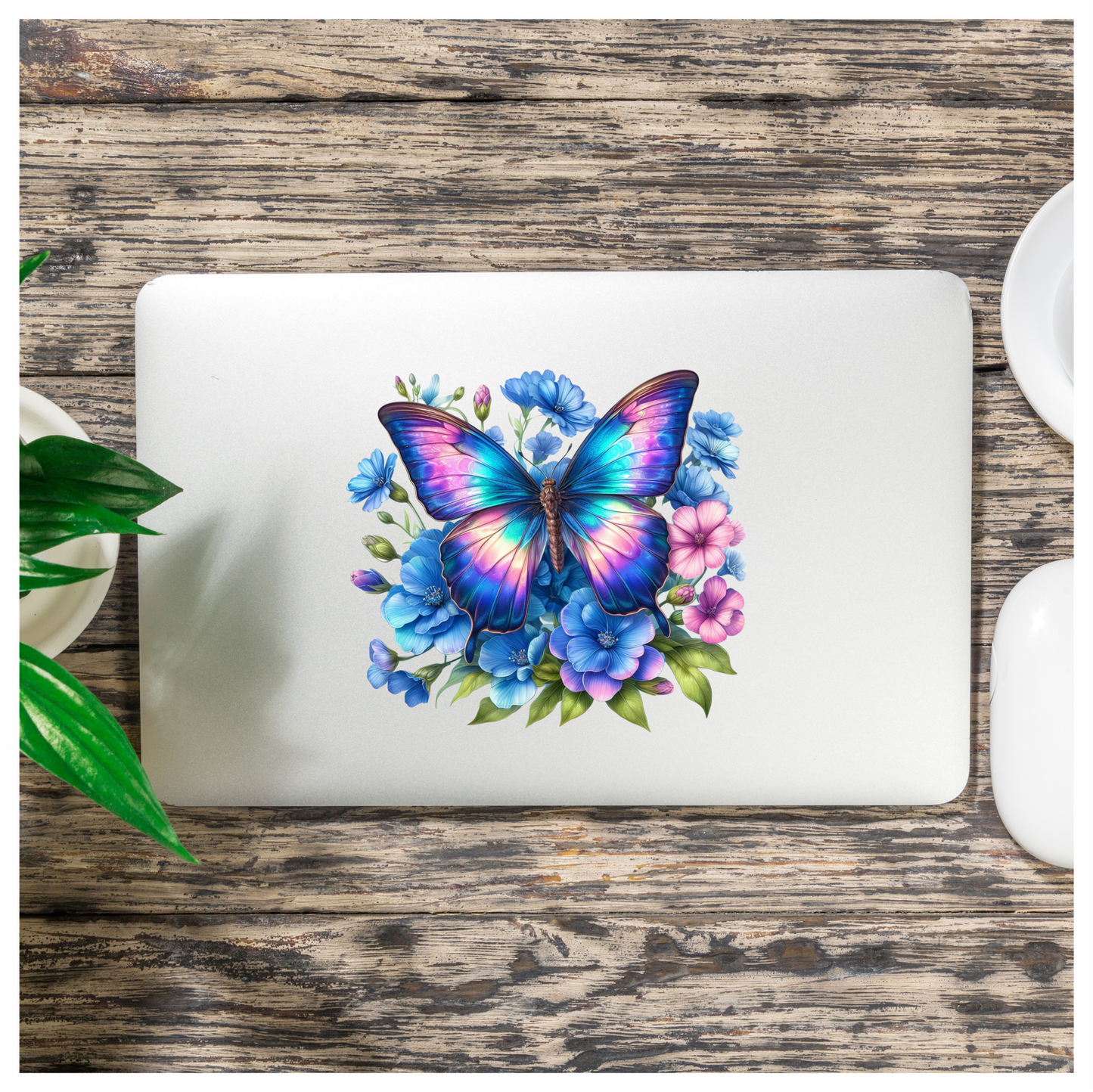 Rainbow Butterfly On Blue Flowers Vinyl Sticker Decal