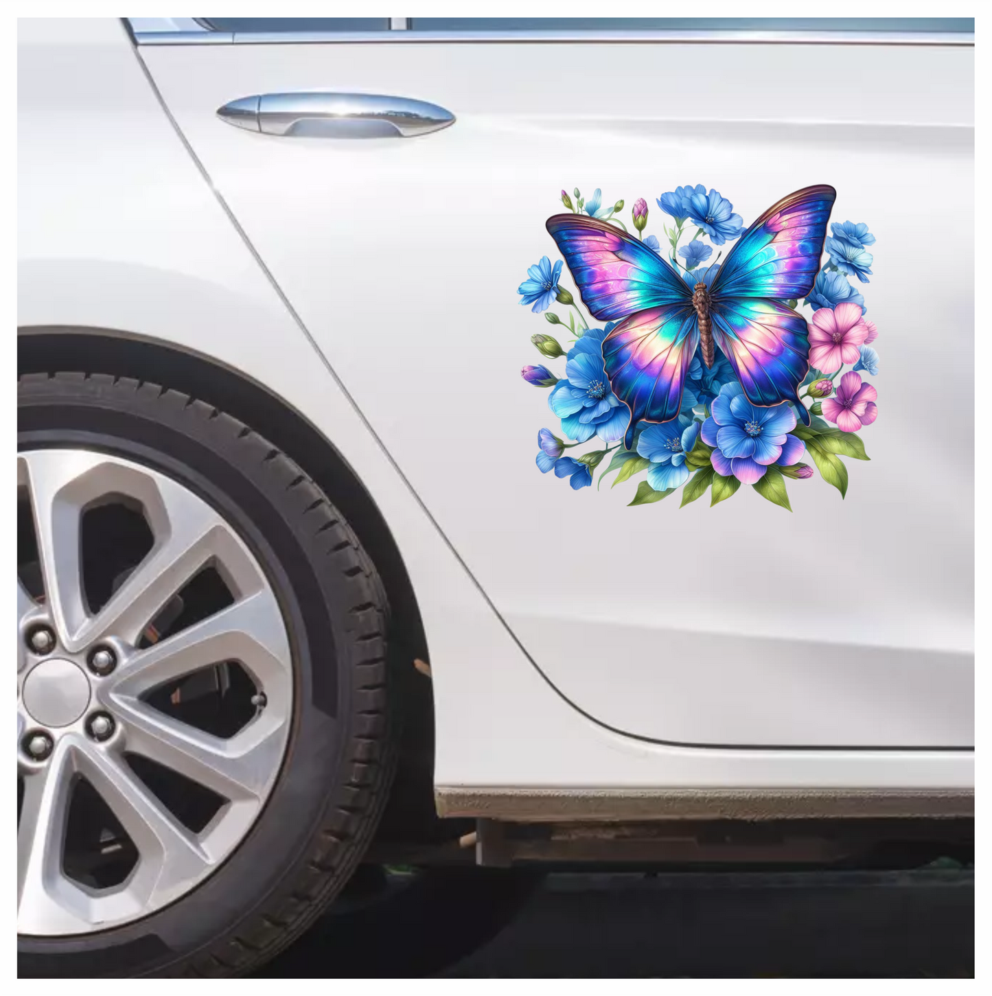 Rainbow Butterfly On Blue Flowers Vinyl Sticker Decal