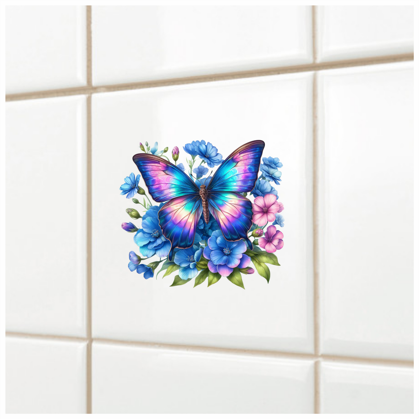 Rainbow Butterfly On Blue Flowers Vinyl Sticker Decal