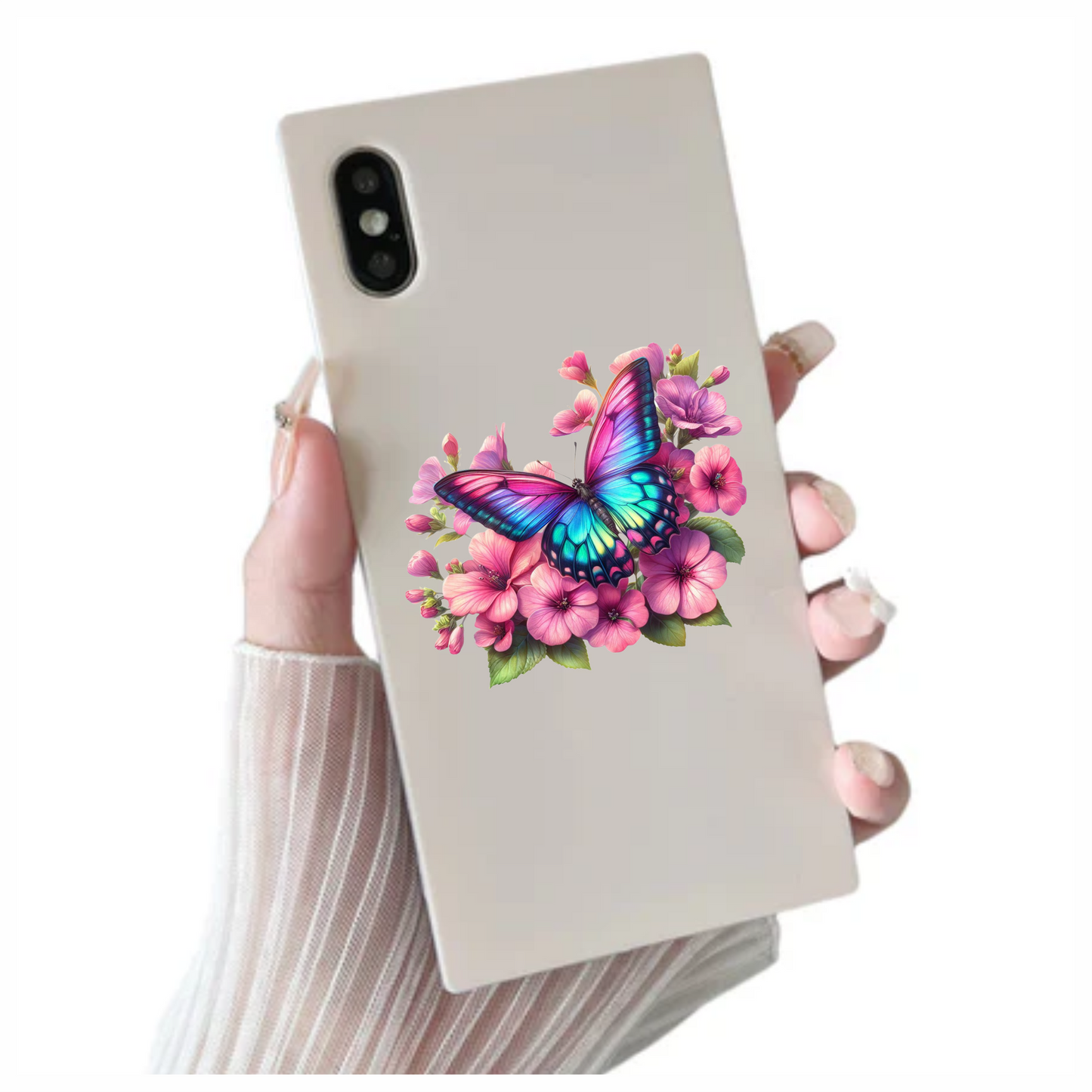 Rainbow Butterfly On Pink Flowers Vinyl Sticker Decal