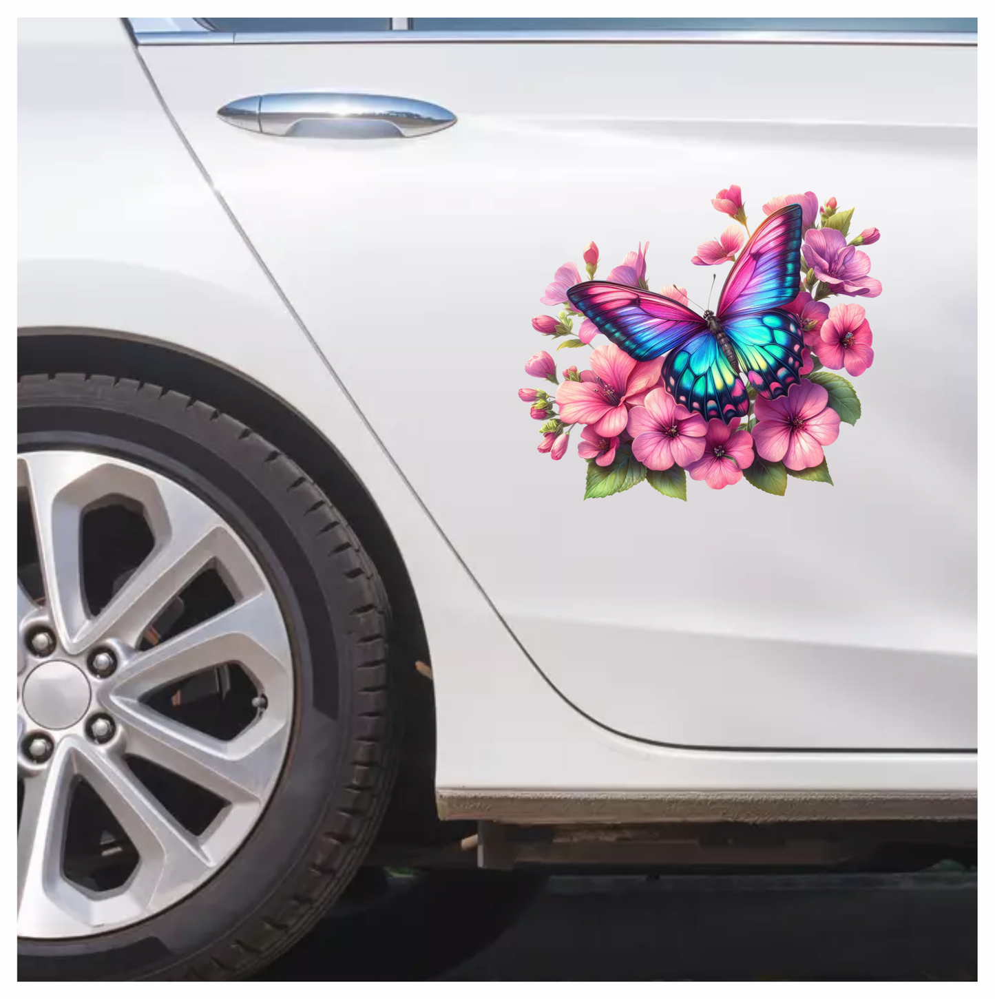 Rainbow Butterfly On Pink Flowers Vinyl Sticker Decal