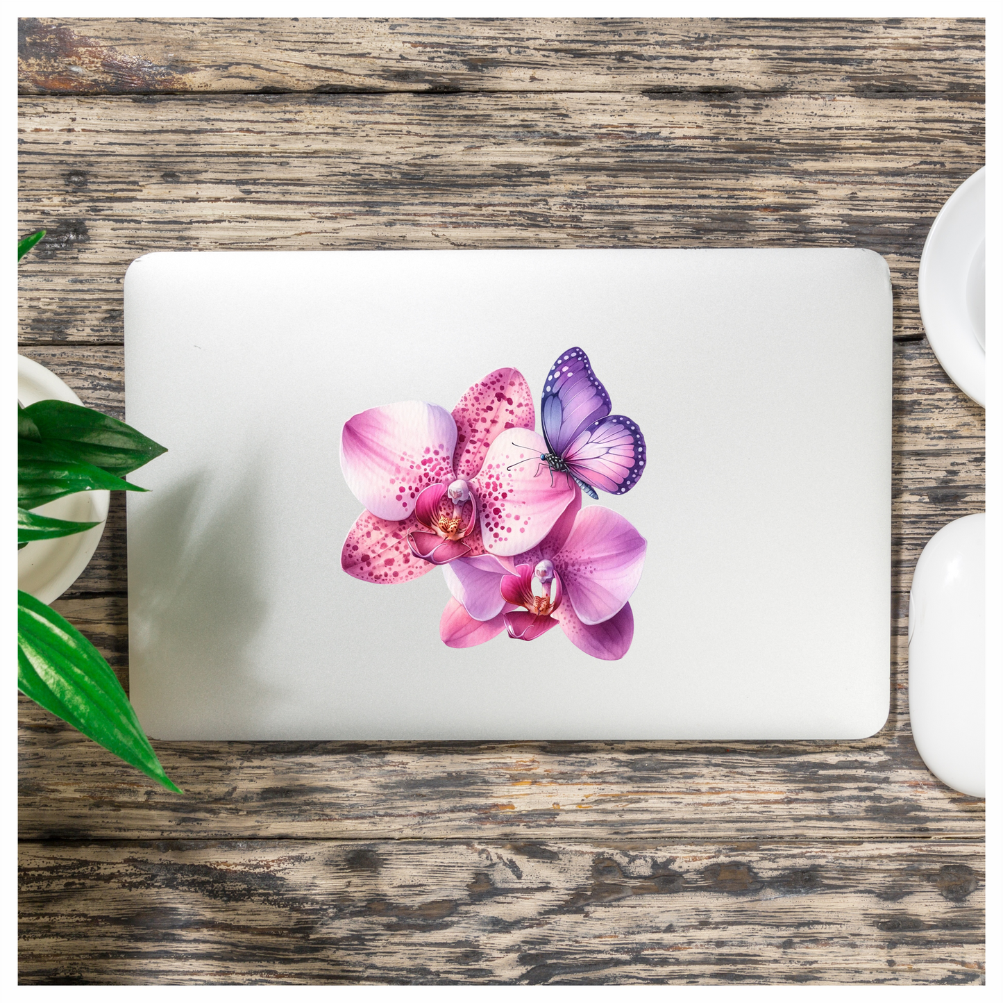 Purple Butterfly On Orchid Flowers Vinyl Sticker Decal