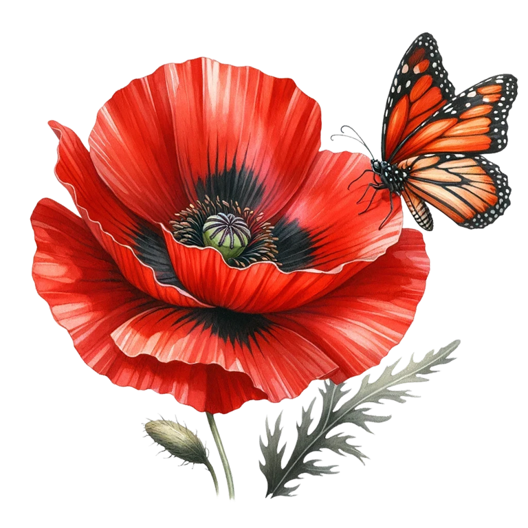 Orange Butterfly On Red Poppy Vinyl Sticker Decal