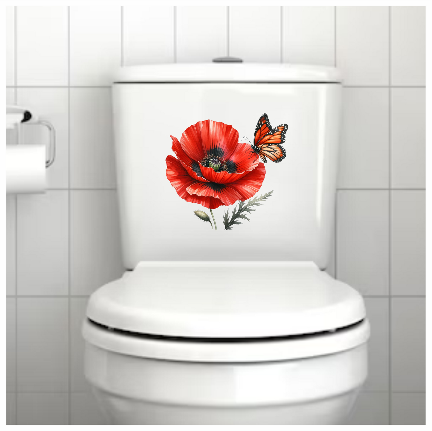 Orange Butterfly On Red Poppy Vinyl Sticker Decal