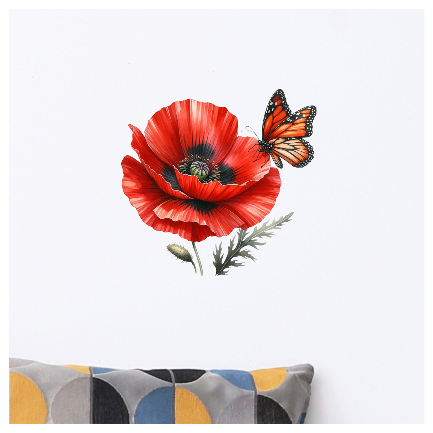 Orange Butterfly On Red Poppy Vinyl Sticker Decal