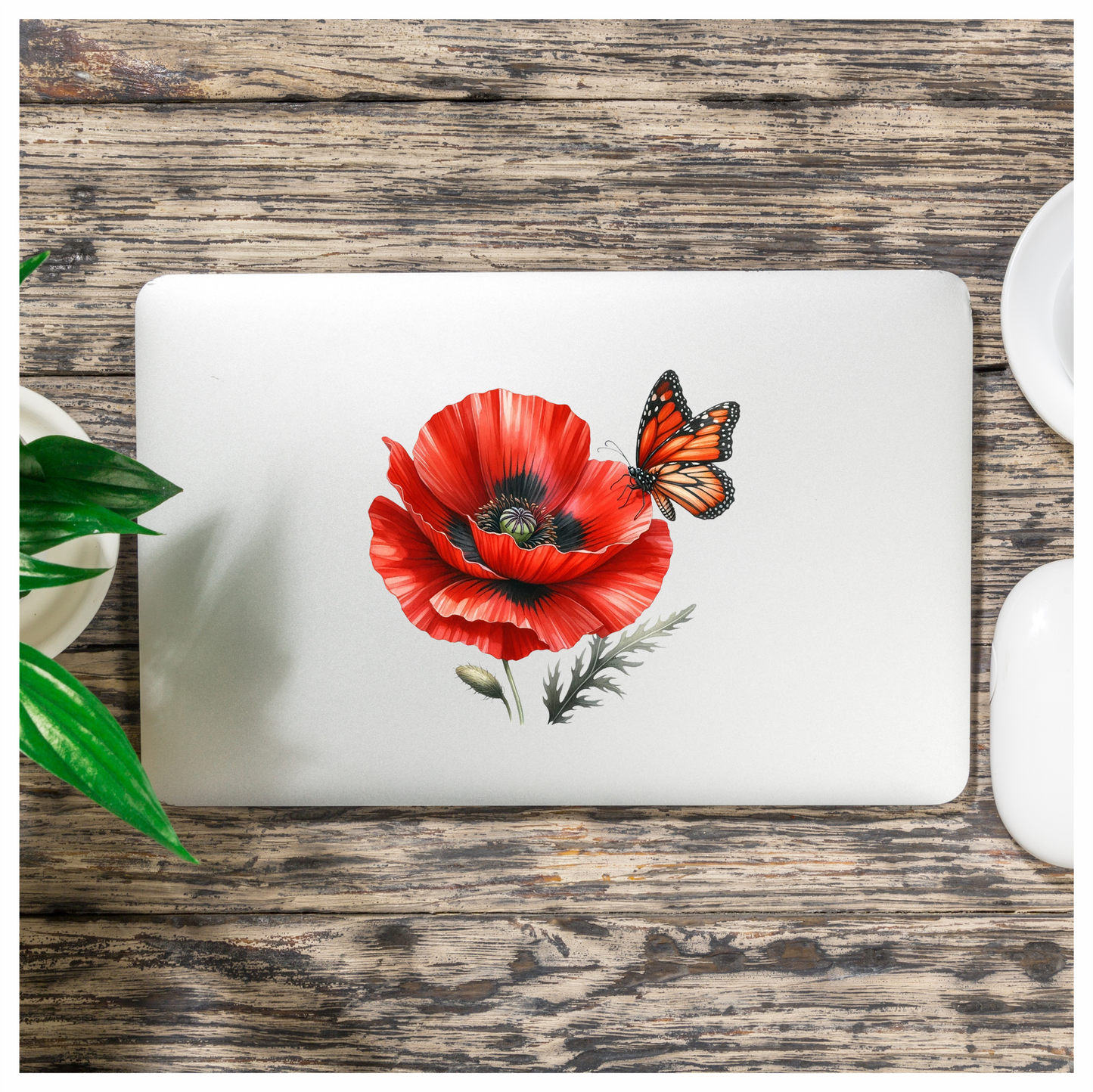 Orange Butterfly On Red Poppy Vinyl Sticker Decal
