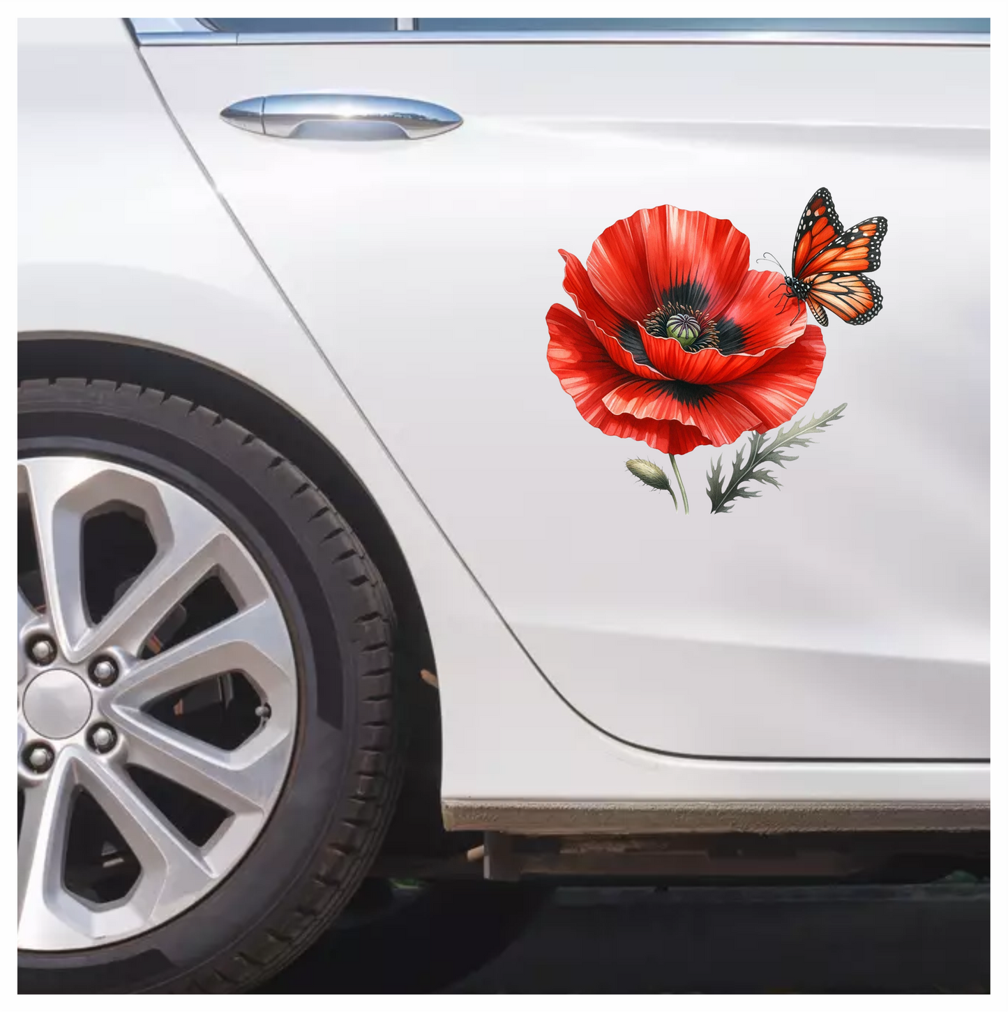 Orange Butterfly On Red Poppy Vinyl Sticker Decal