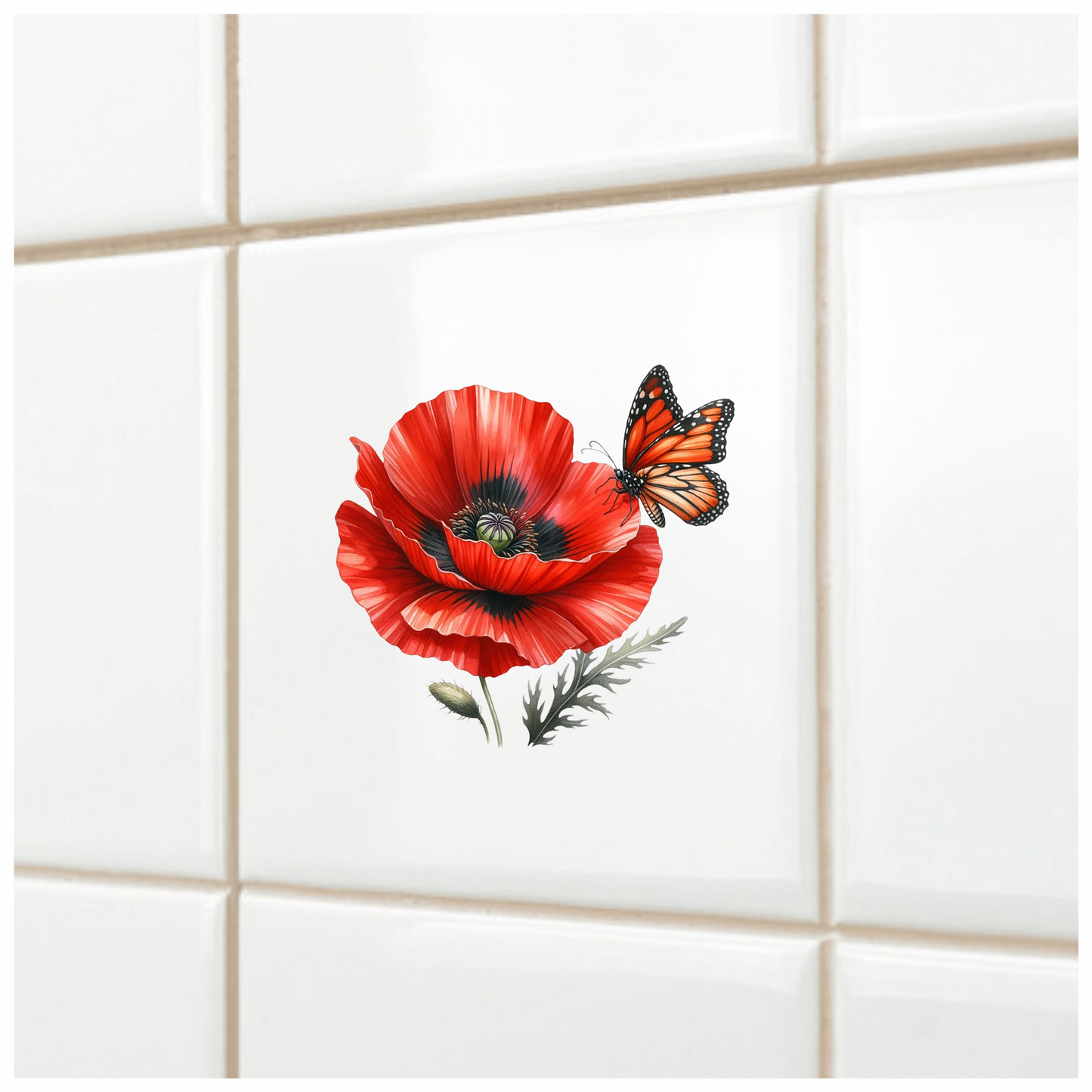 Orange Butterfly On Red Poppy Vinyl Sticker Decal