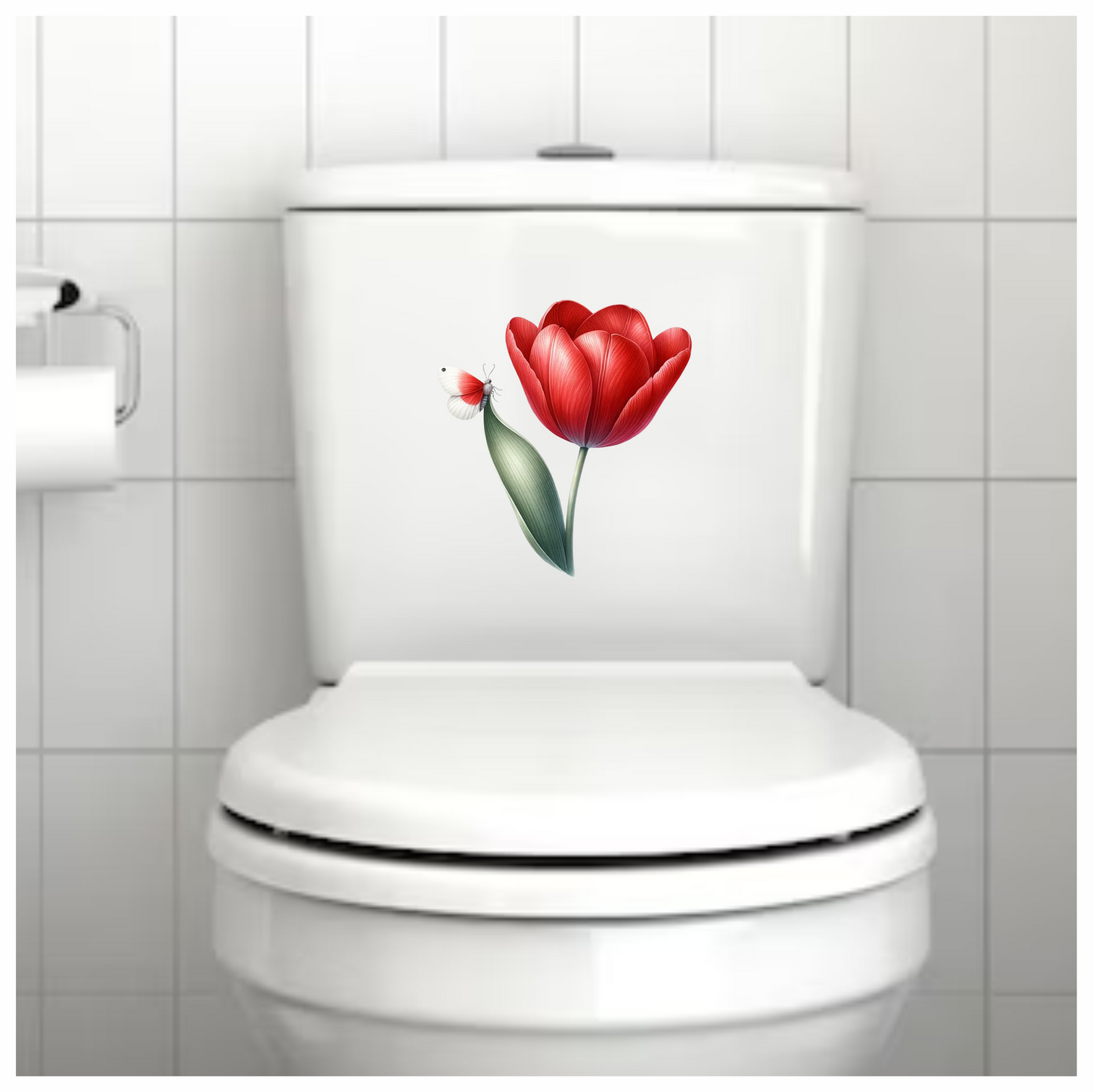 Red Butterfly On Red Tulip Vinyl Sticker Decal