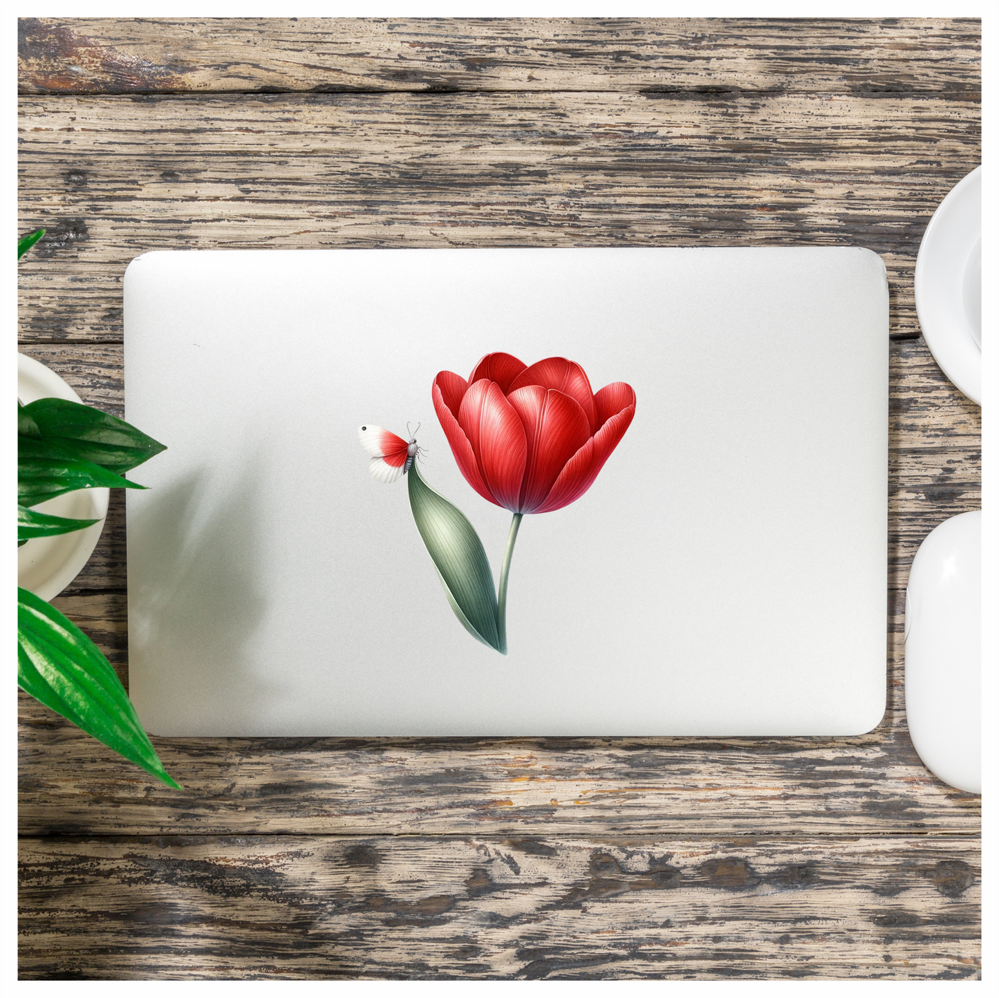 Red Butterfly On Red Tulip Vinyl Sticker Decal