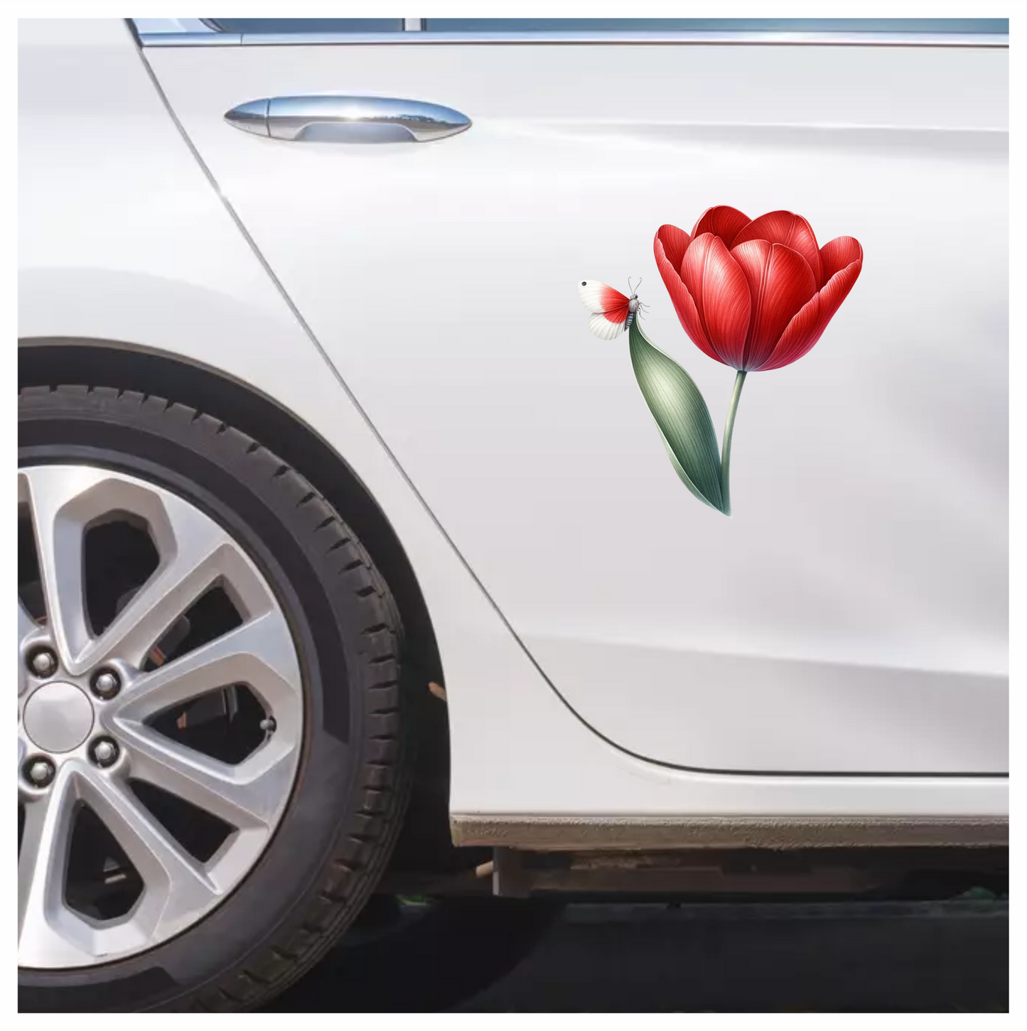 Red Butterfly On Red Tulip Vinyl Sticker Decal