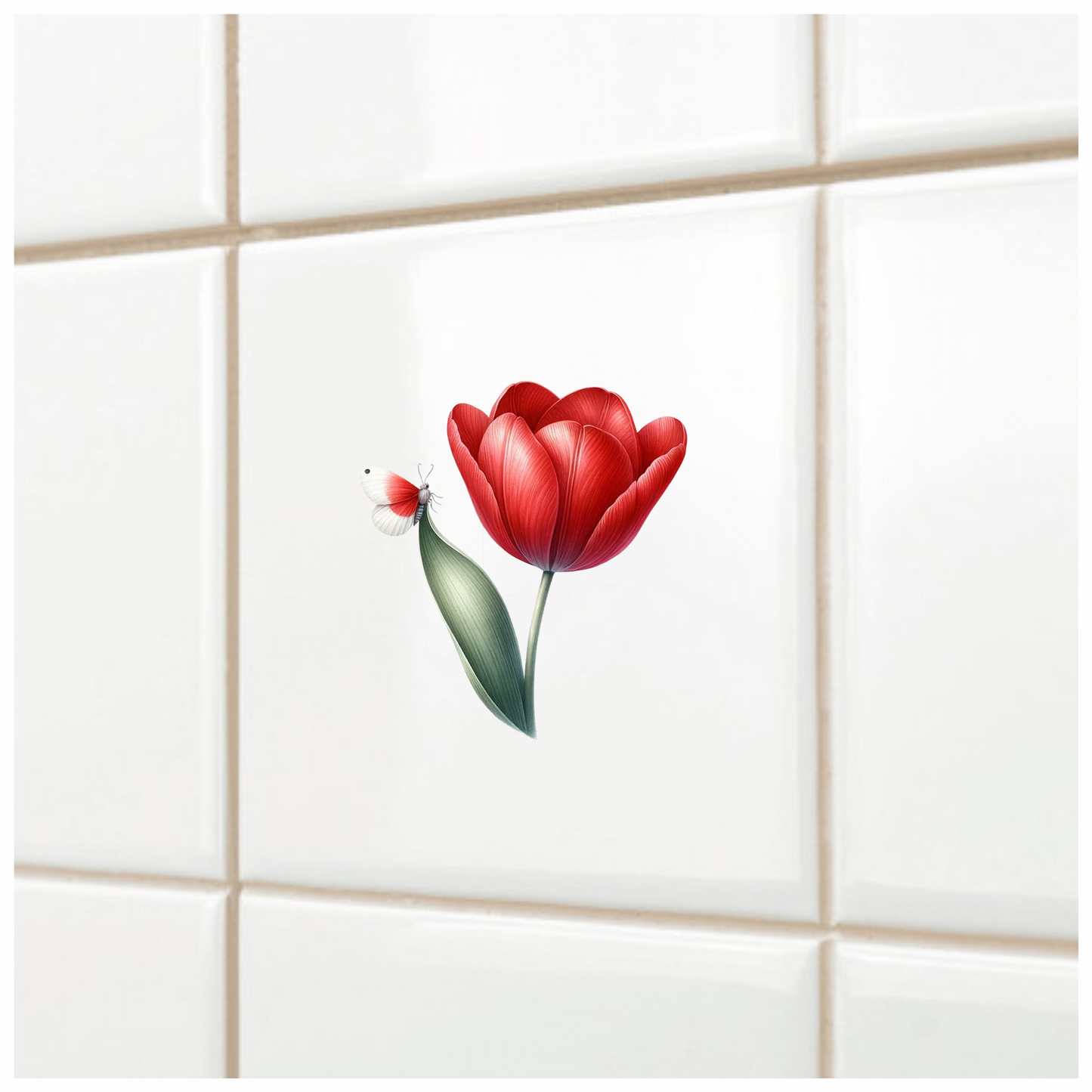 Red Butterfly On Red Tulip Vinyl Sticker Decal