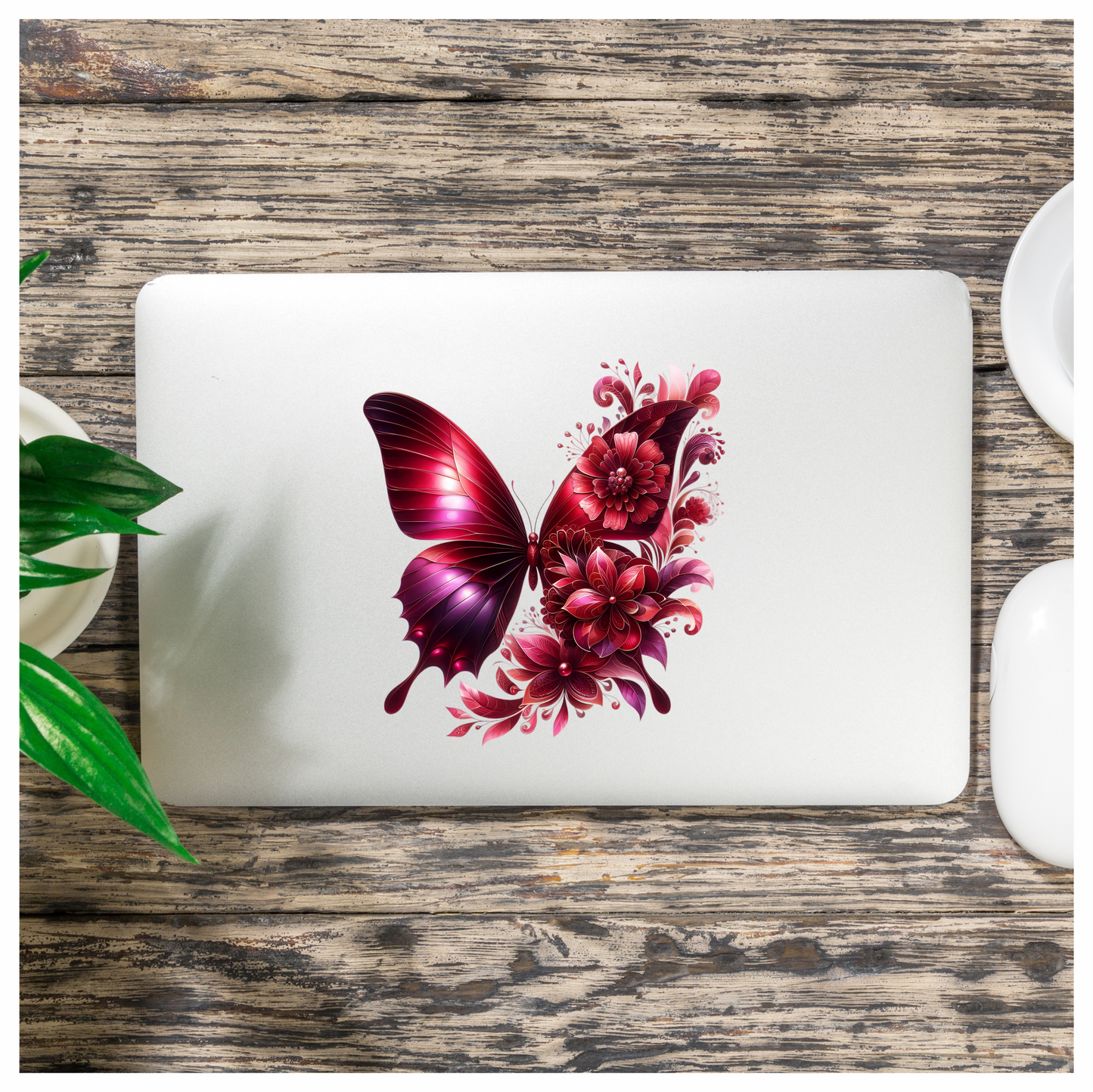 Red Butterfly With Red Flowers Vinyl Sticker Decal
