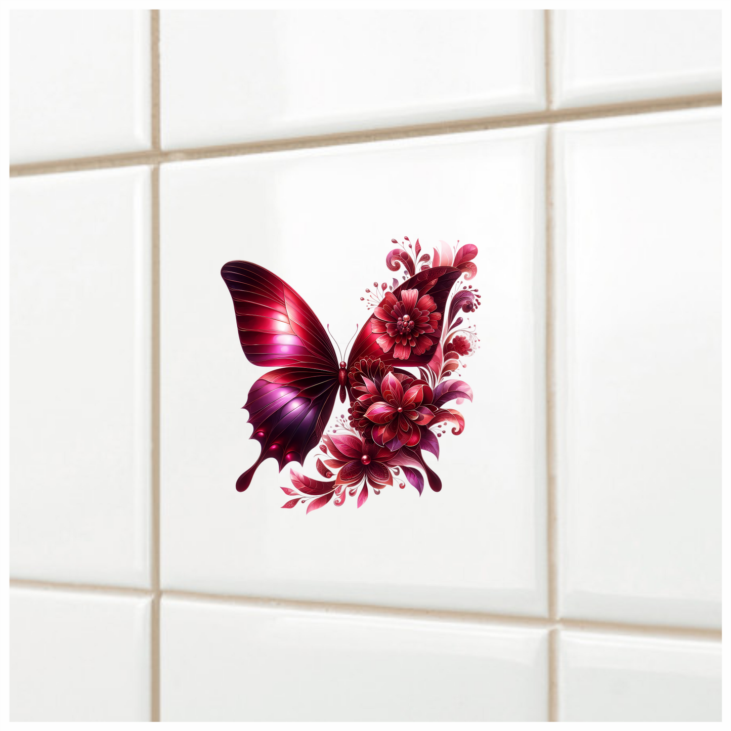 Red Butterfly With Red Flowers Vinyl Sticker Decal
