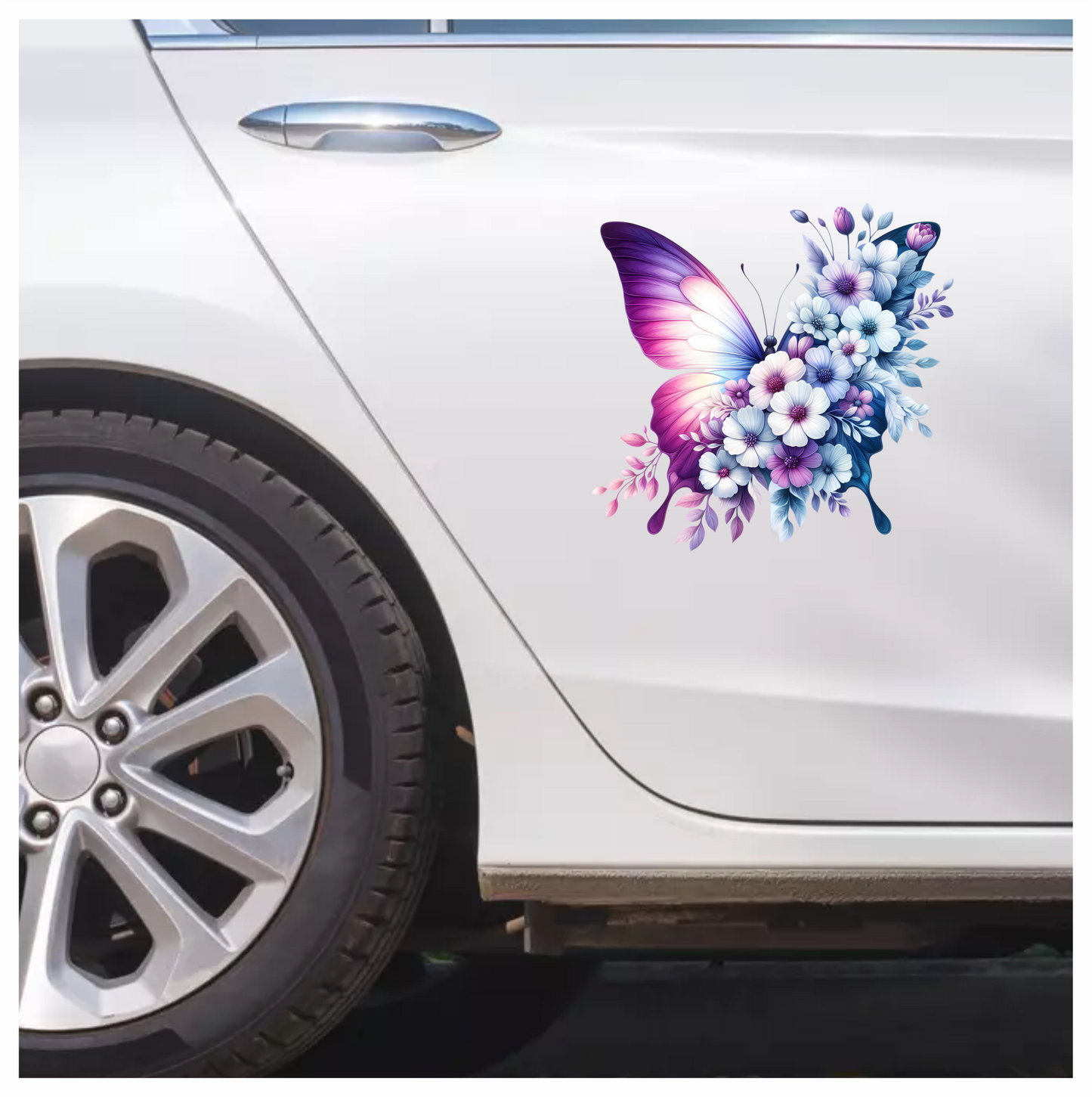 Purple Butterfly With White Flowers Vinyl Sticker Decal