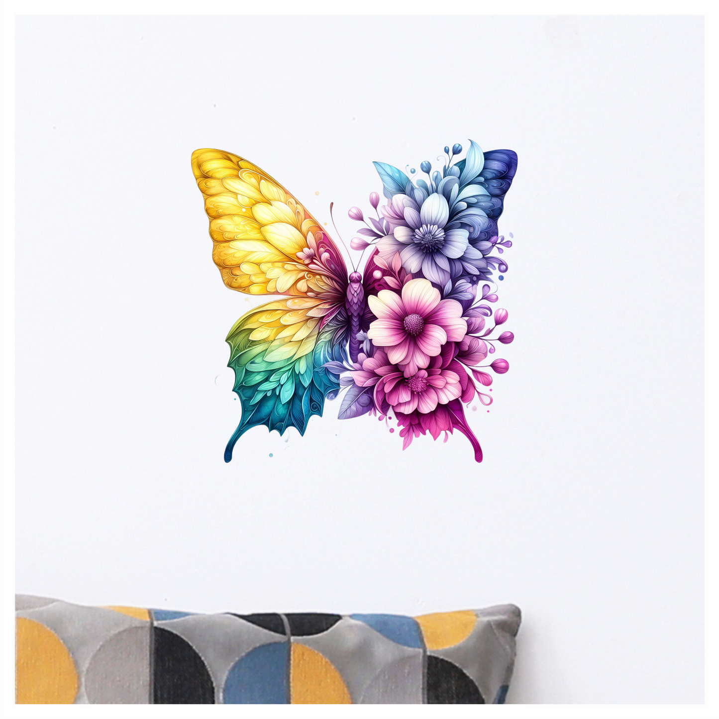 Rainbow Butterfly With Mixed Flowers Vinyl Sticker Decal