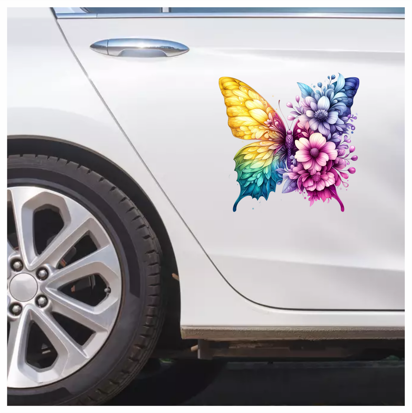 Rainbow Butterfly With Mixed Flowers Vinyl Sticker Decal