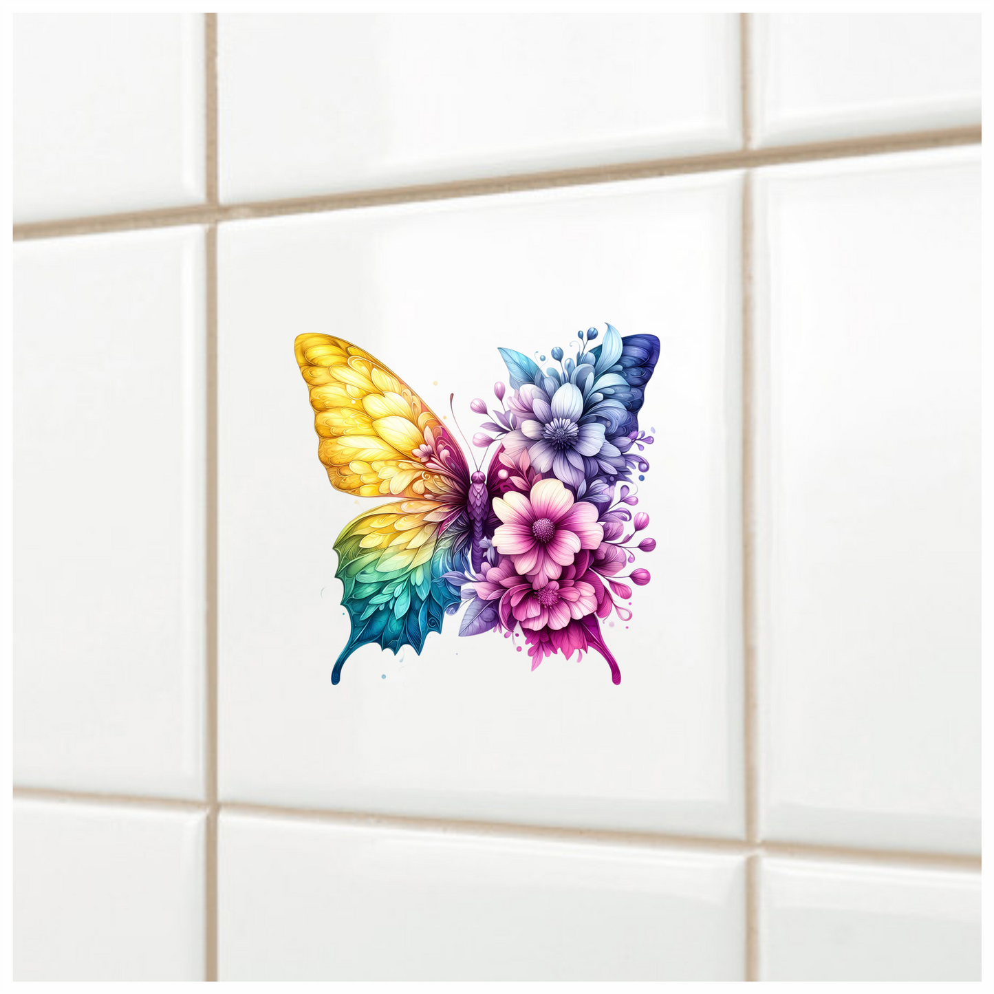 Rainbow Butterfly With Mixed Flowers Vinyl Sticker Decal