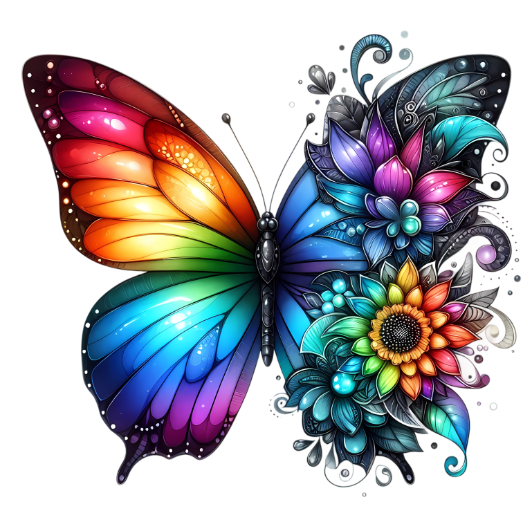 Rainbow Butterfly With Colorful Flowers Vinyl Sticker Decal