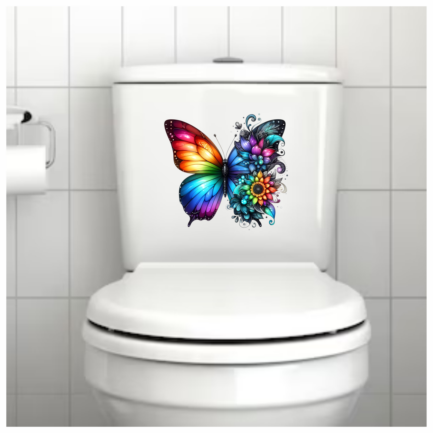 Rainbow Butterfly With Colorful Flowers Vinyl Sticker Decal