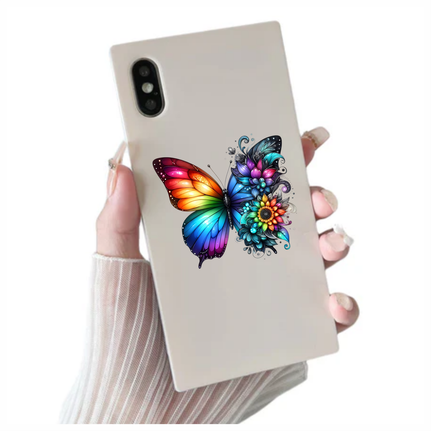 Rainbow Butterfly With Colorful Flowers Vinyl Sticker Decal
