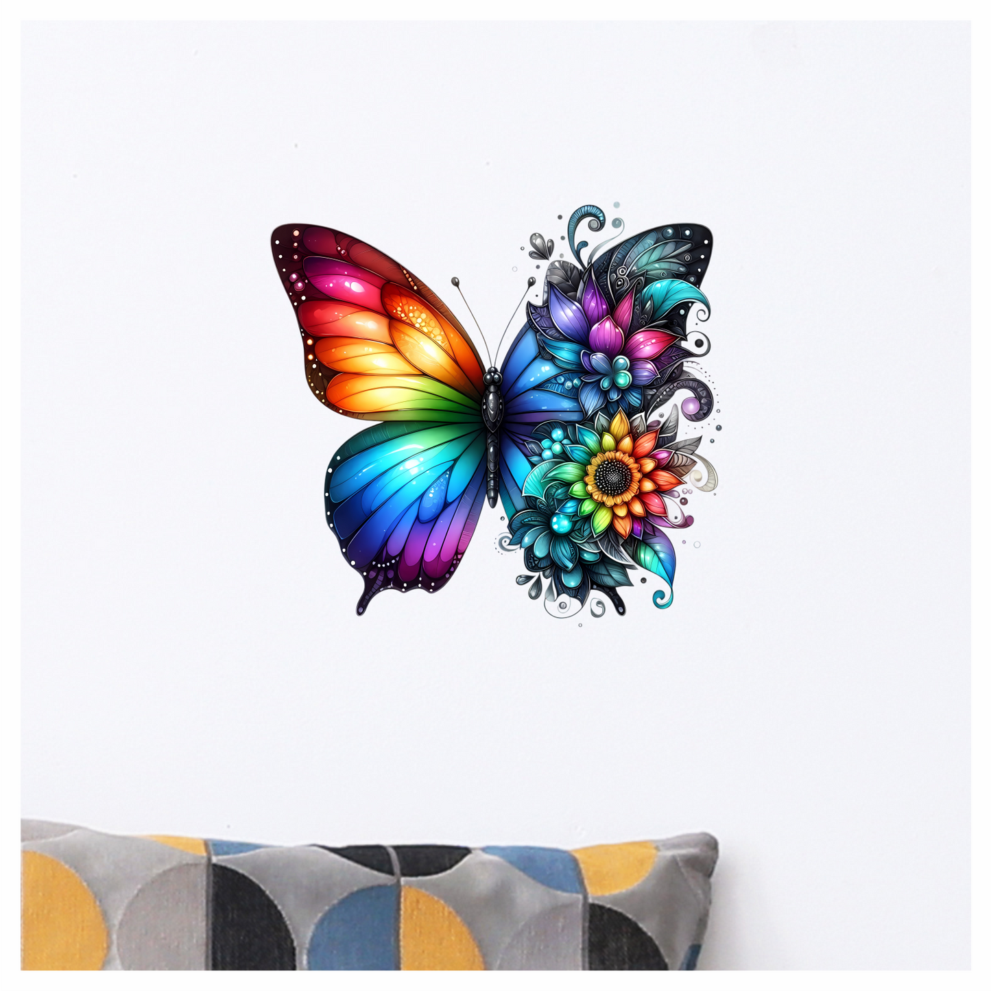 Rainbow Butterfly With Colorful Flowers Vinyl Sticker Decal