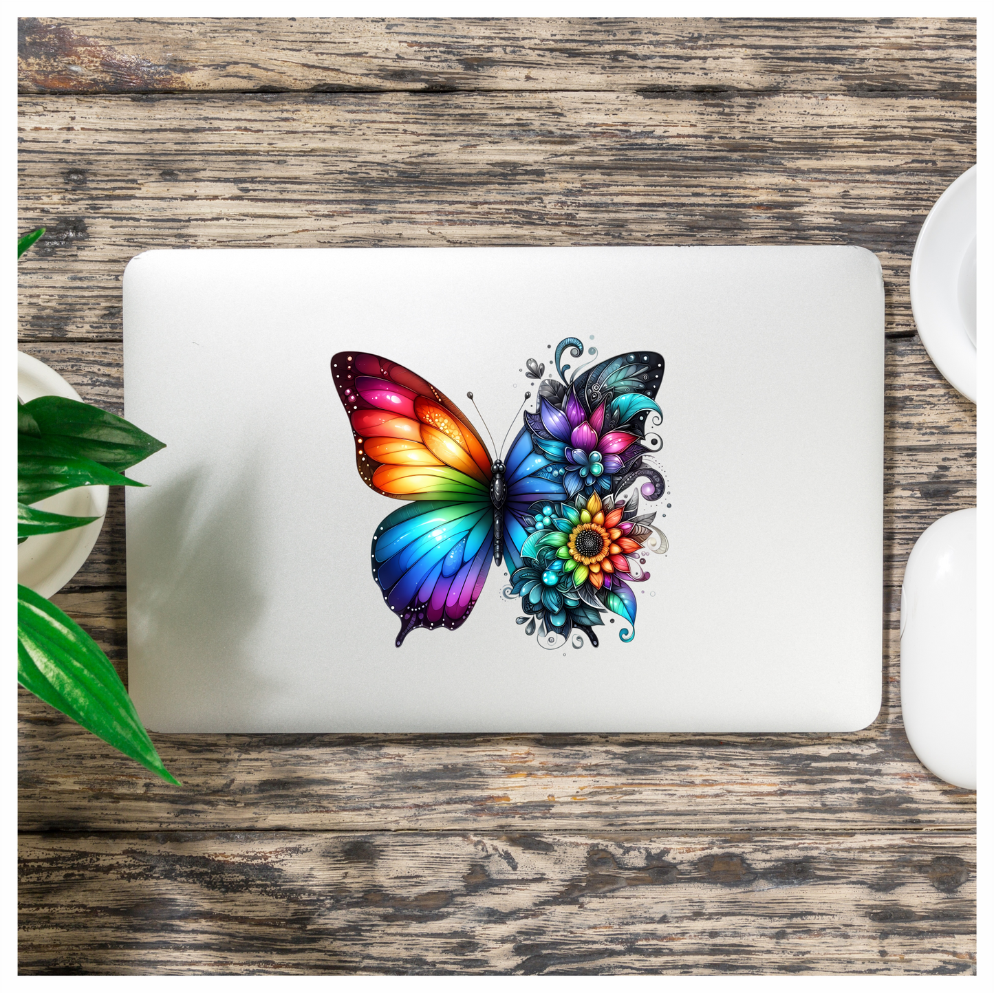 Rainbow Butterfly With Colorful Flowers Vinyl Sticker Decal
