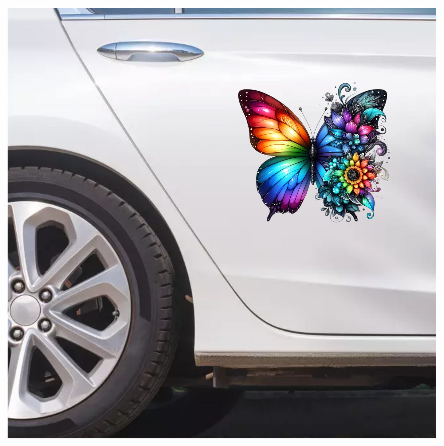 Rainbow Butterfly With Colorful Flowers Vinyl Sticker Decal